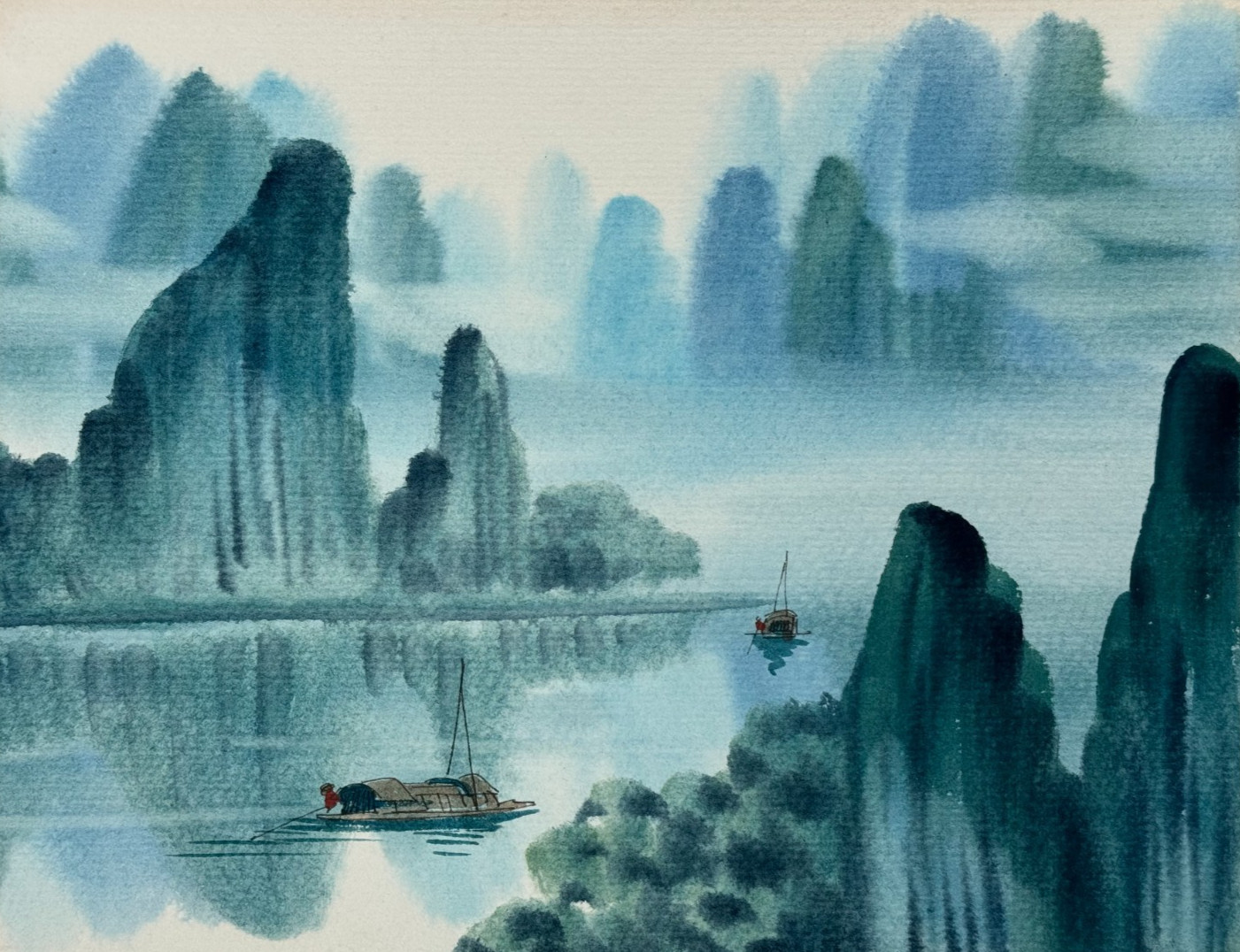 VINTAGE ORIGINAL ASIAN PAINTING RIVER SEASCAPE ART BOATS ROCKS MYSTY CLIFFS