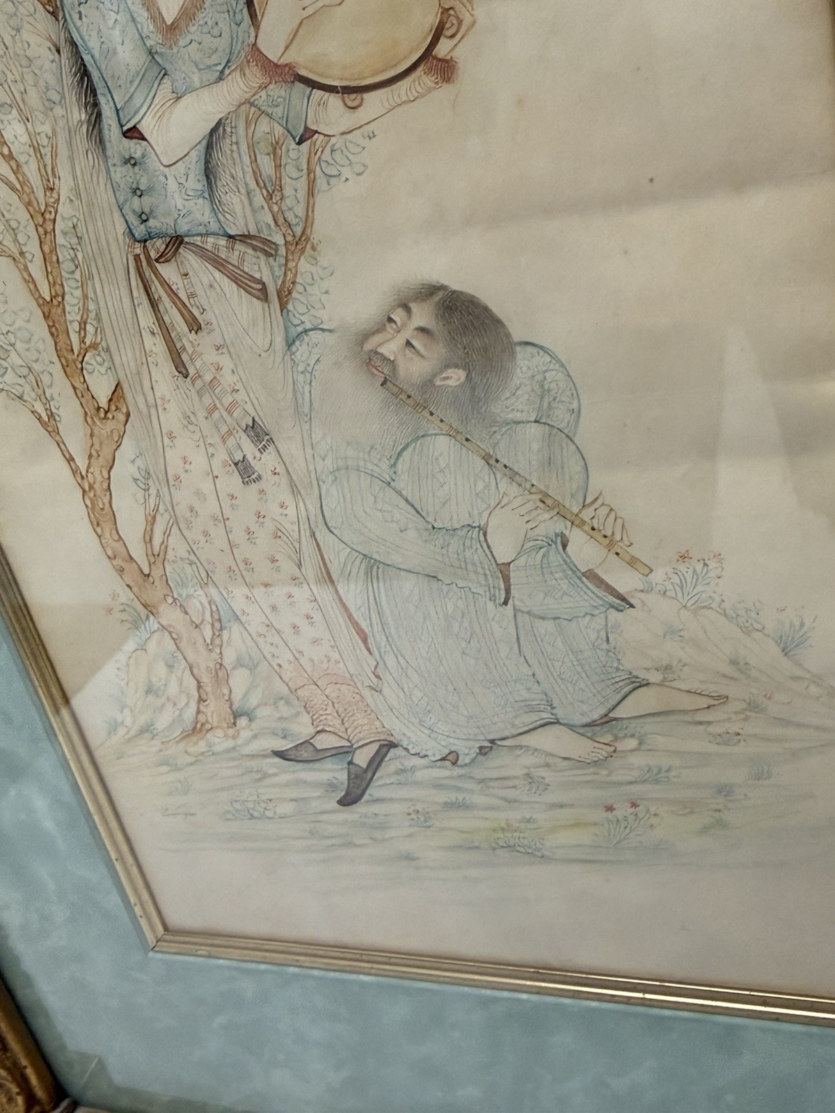 Vintage Persian Miniature Painting Framed Artwork Musician Scene Gold Frame