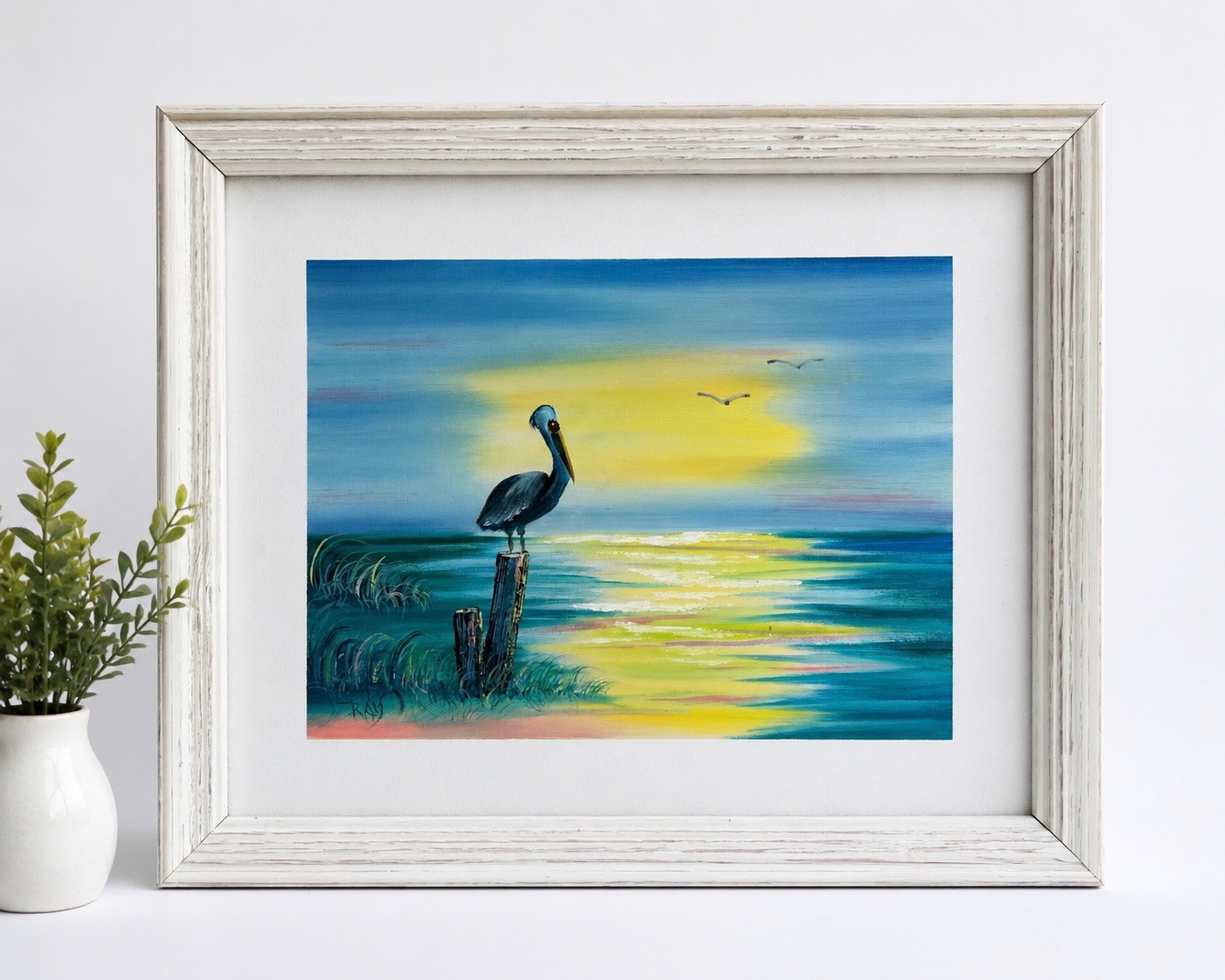 Original Coastal Pelican Sunset Painting Signed Ray Beach Seascape Art 23×19.5