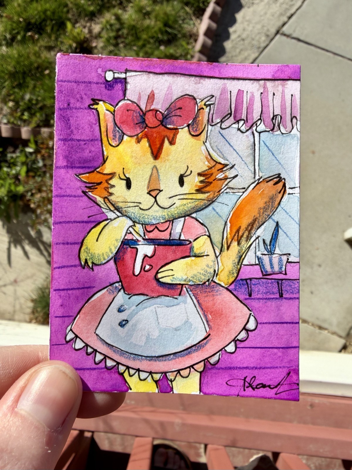 Original ACEO The Baker’s Cat Painting by Dyer- Mini Art 2.5×3.5 in Kitty Baking
