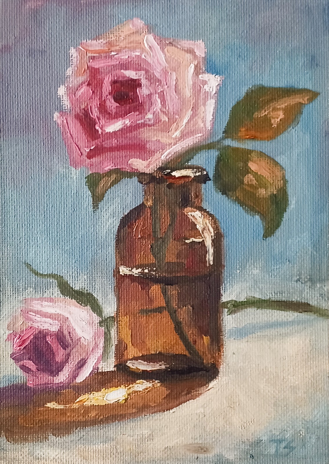 Rose in the Bottle ORIGINAL Oil Painting Vintage Floral Flowers Still life 5″x7″