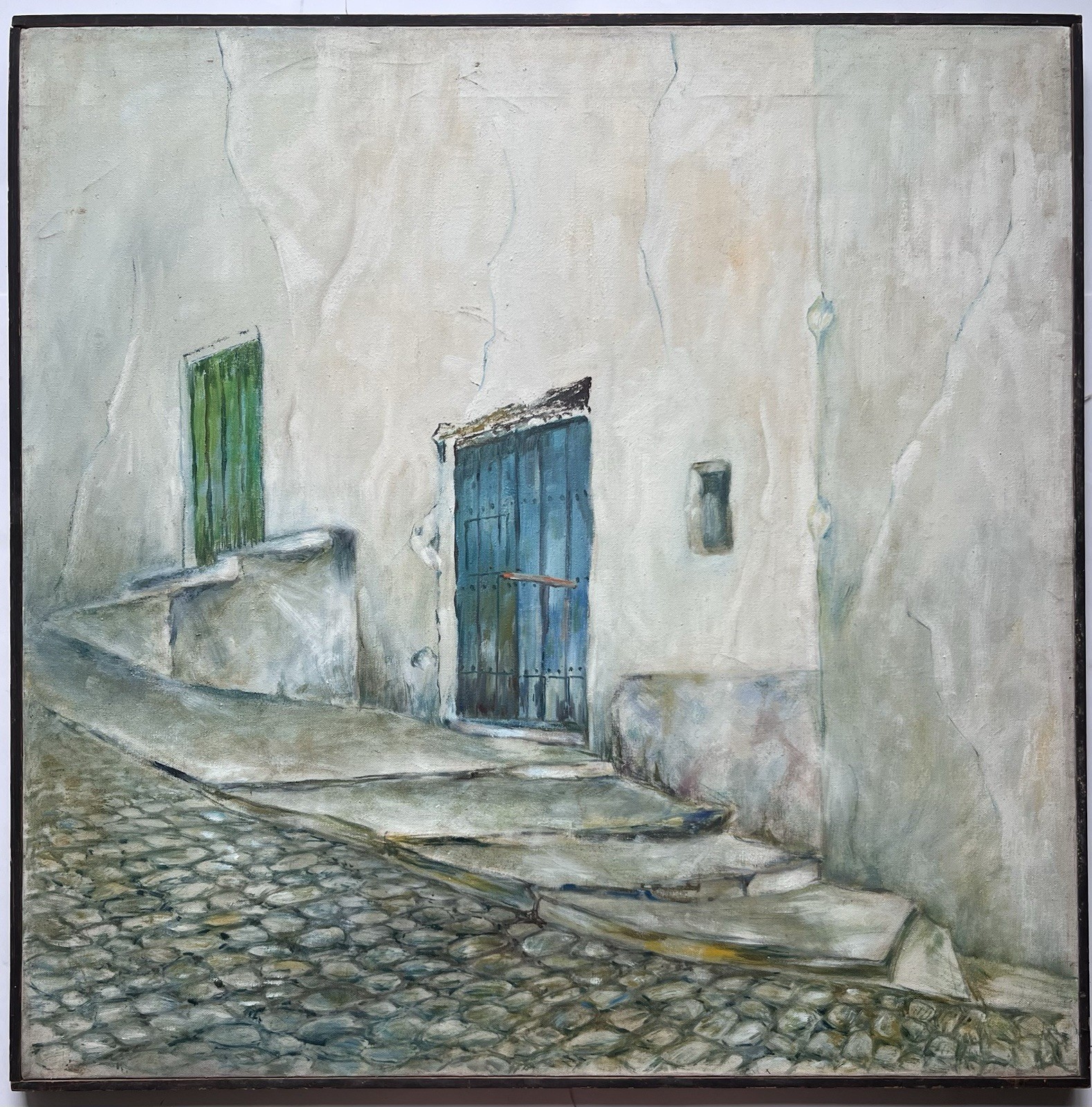 Mid Century 50s 60s Jack Paul Maroon Oil Painting Blue Door Street Spain Realism