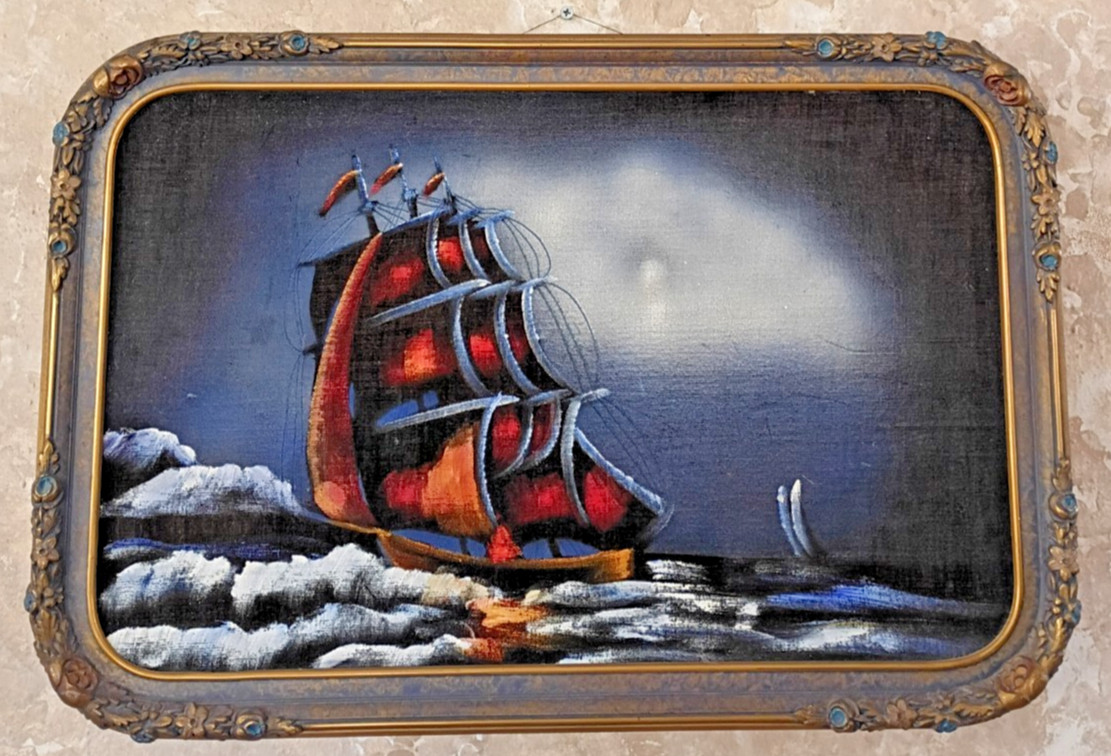 24″x16″ Vintage 70’s Black Velvet Painting Sailing Ship At Night Ornate Frame