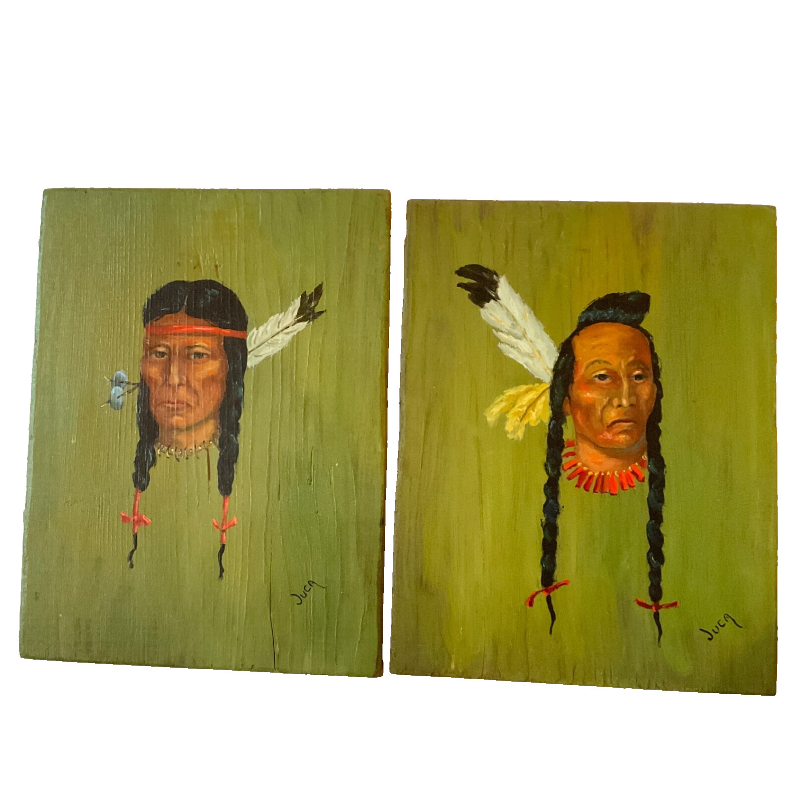 Vintage 70s set of 2 male Native mens original portrait Paintings on wood