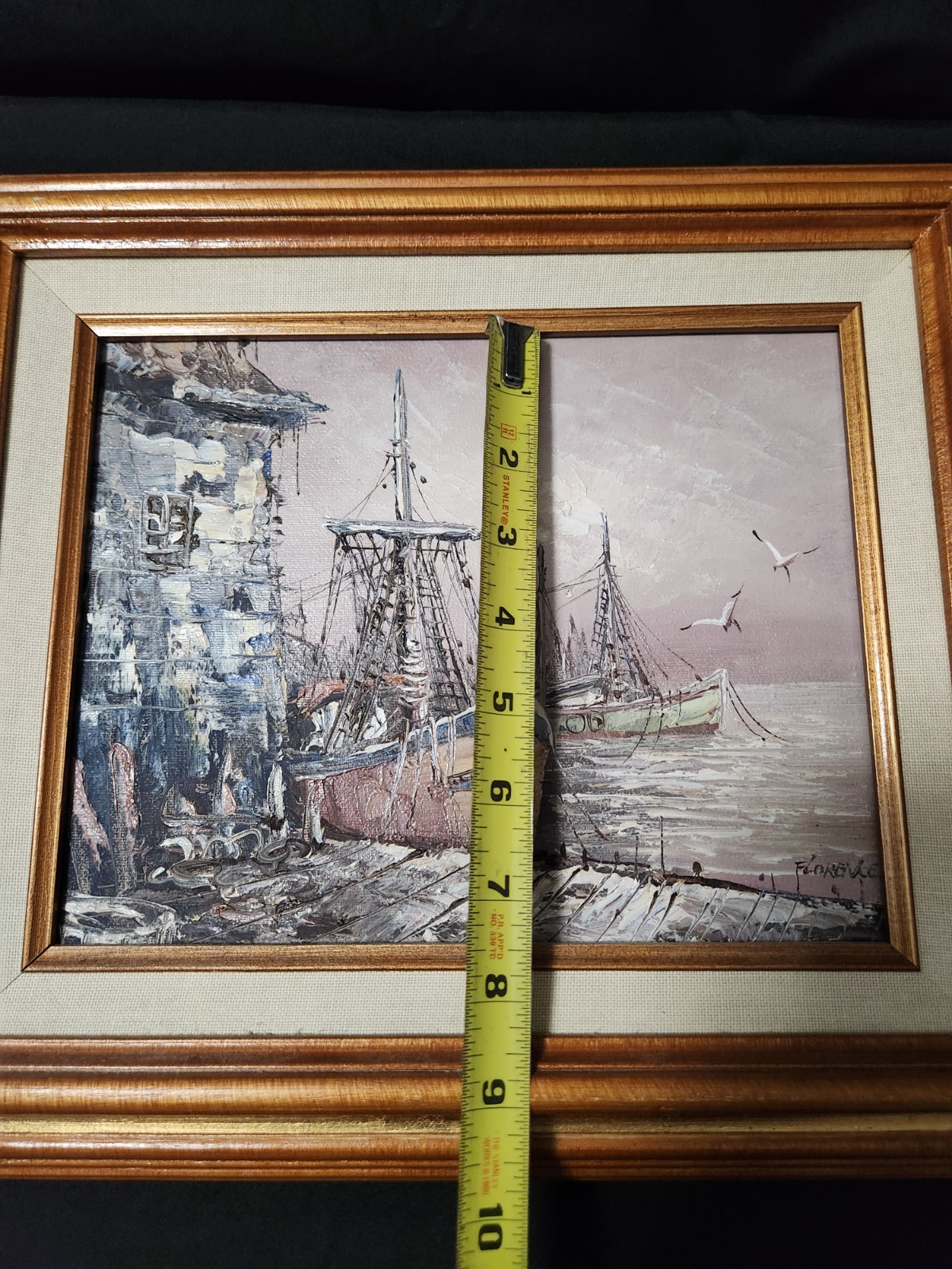 Vintage Framed Oil Painting Harbor Scene Fishing Boat Signed Florence Nautical