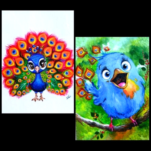 02 Pcs ACEO Original Peacock Birds Animals Pop Acrylic Art Set Hand Painting NEW