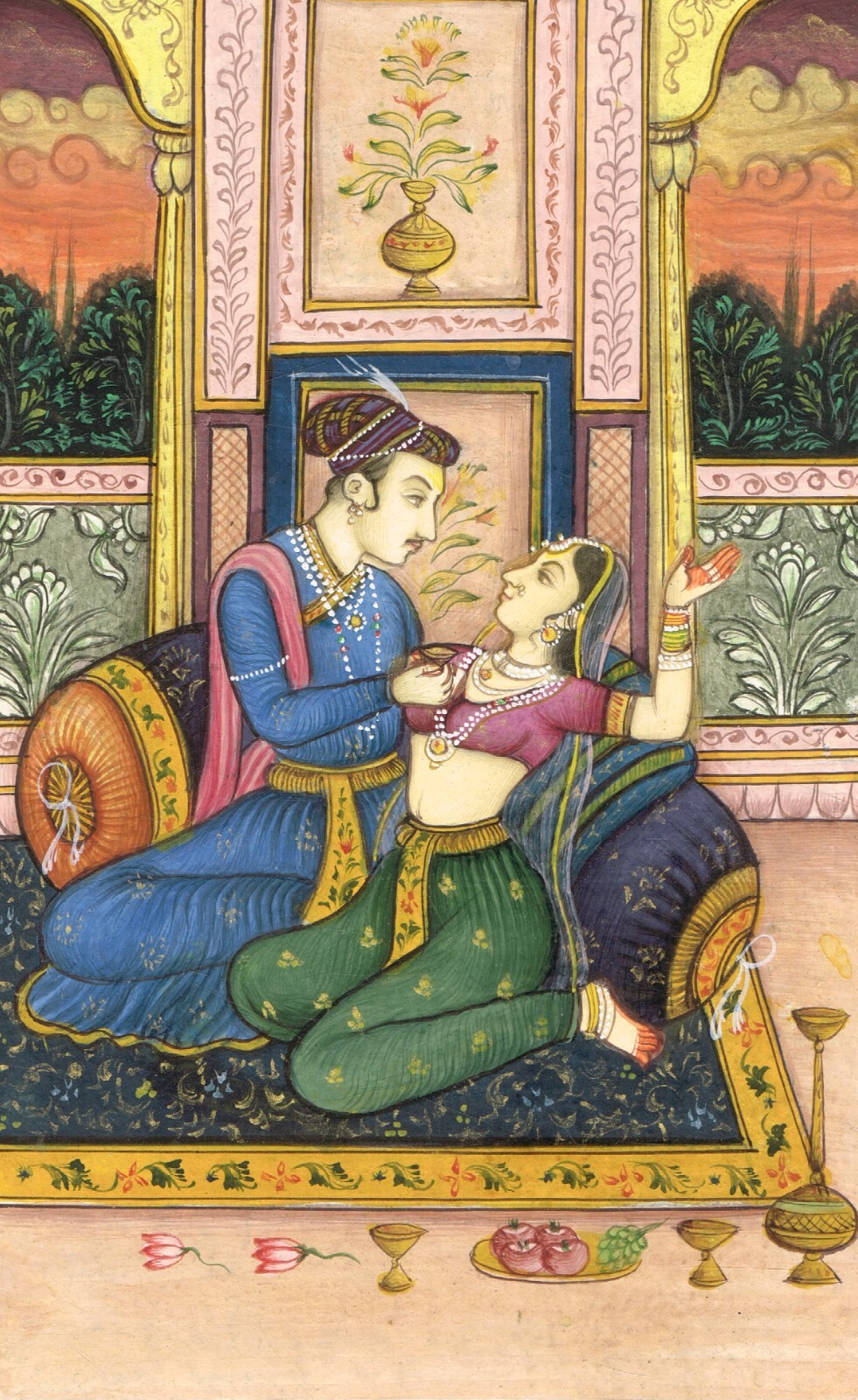 Mini Mughal Painting Of Mughal Emperor And Empress In Love Scene 3.25×5.5 Inches