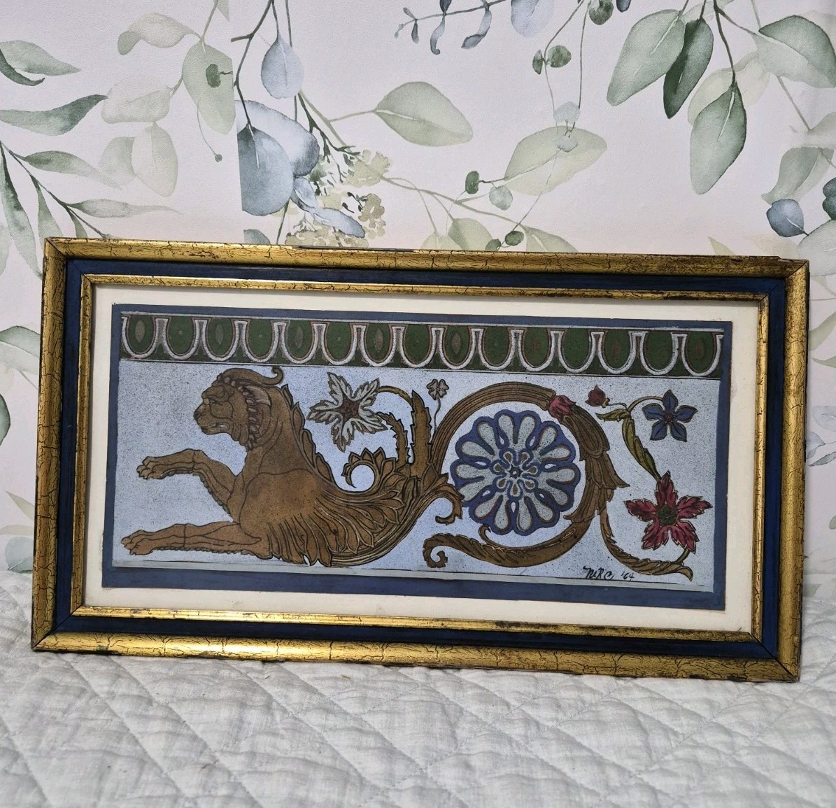 Vintage 9 X 16 Framed Original Drawing Painting Of Winged Ornate Lion 1964