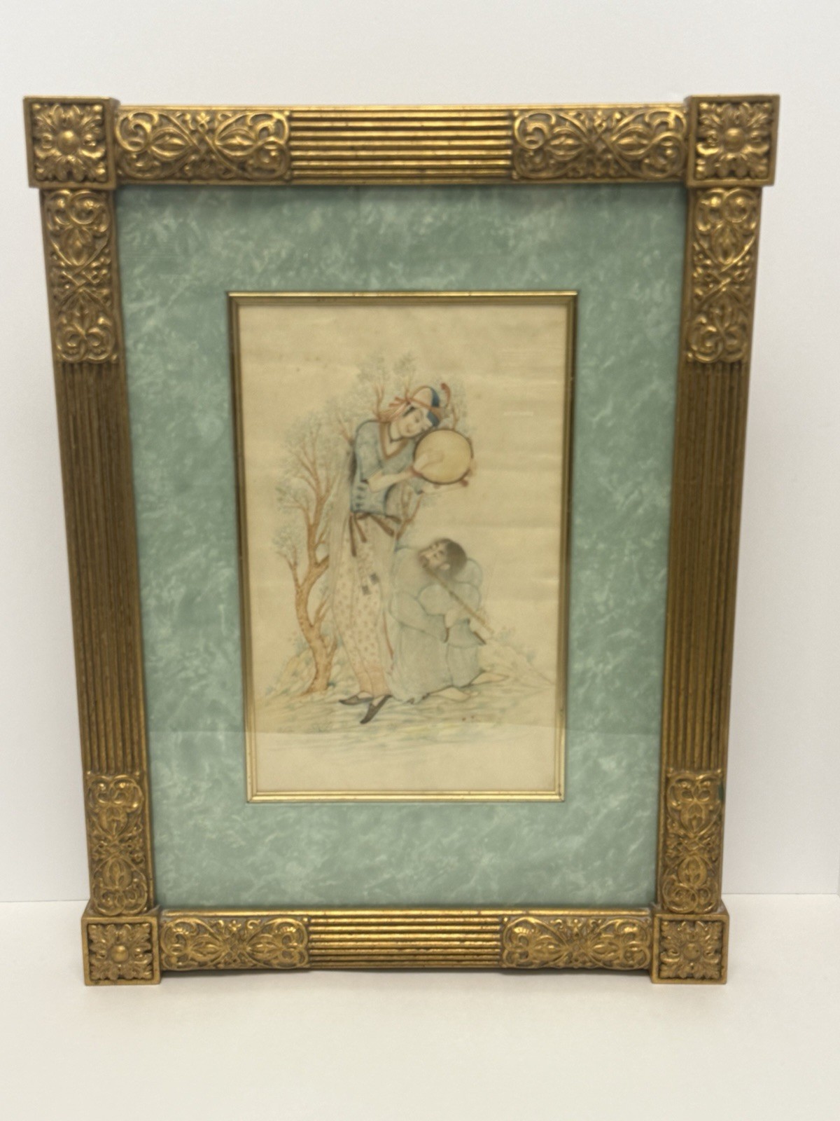 Vintage Persian Miniature Painting Framed Artwork Musician Scene Gold Frame
