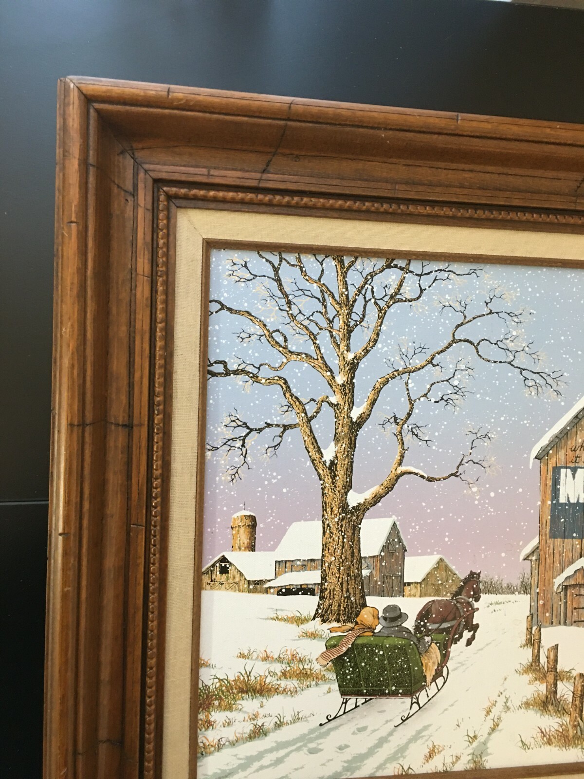 Vintage Framed C. Carson, Morton Salt Barn, Winter Barn Scene Oil on Canvas