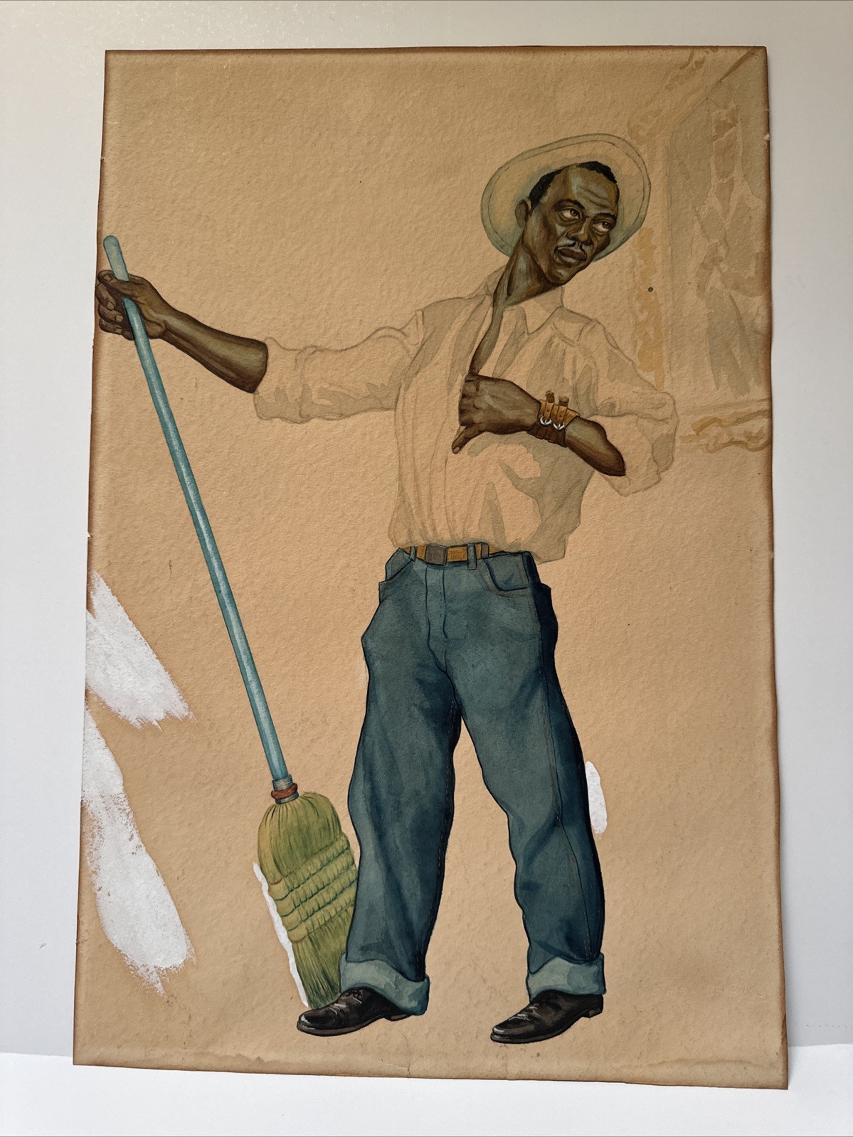 ANTIQUE PAINTING BLACK MAN PORTRAIT AFRICAN AMERICAN LEVI JEANS
