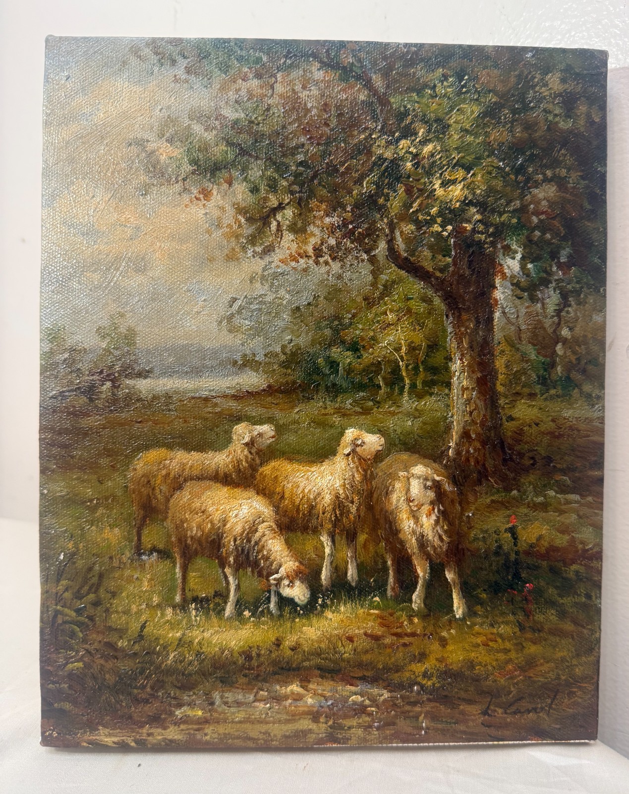 Vintage original realistic sheep landscape animal pastoral oil painting canvas