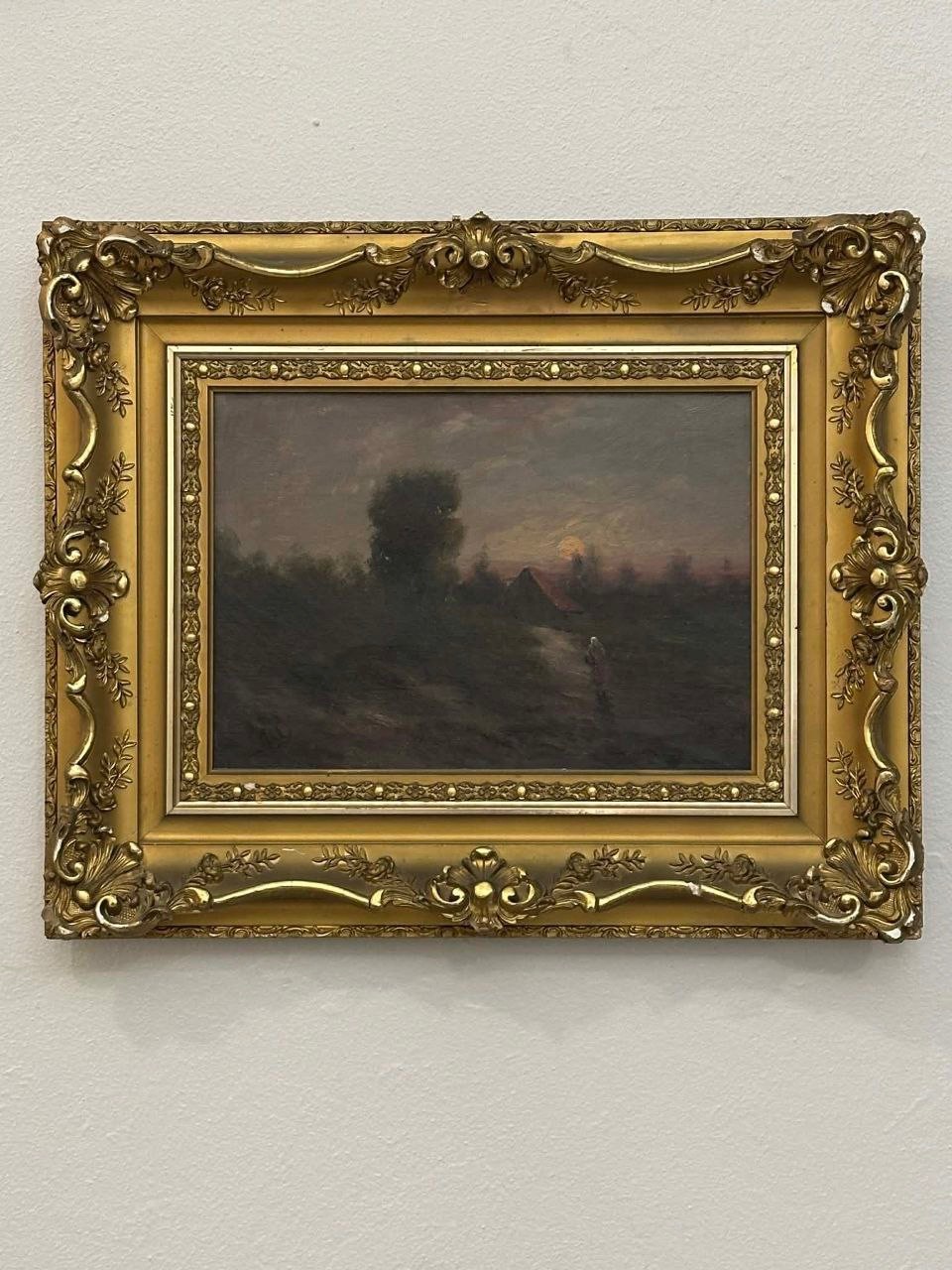 Antique 19thC Oil on Canvas Farm Scene 14×10 in, 22×18 Gilt Gesso Frame
