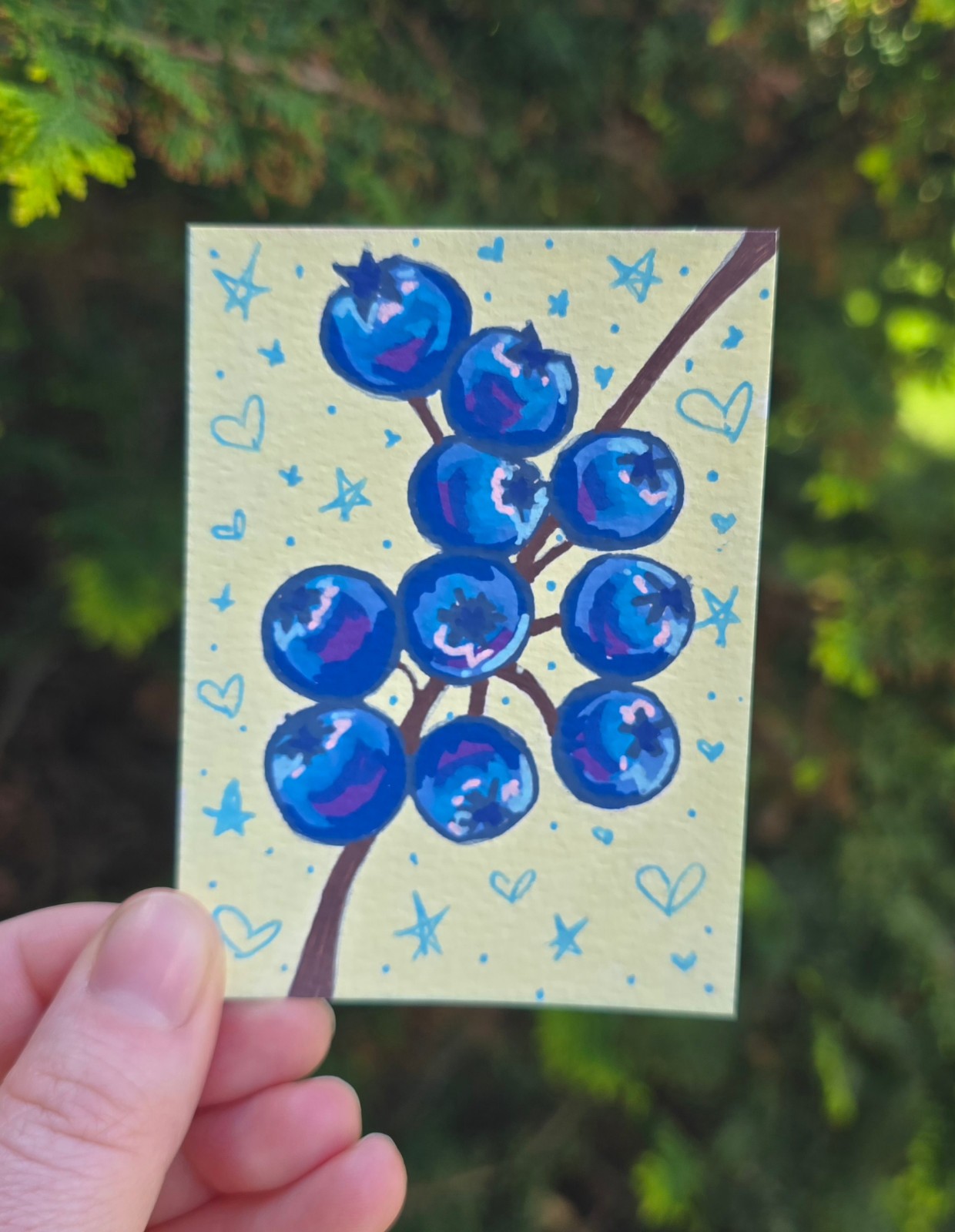 Original aceo cherry, food, fruit, whimsy, cute, blue, yellow