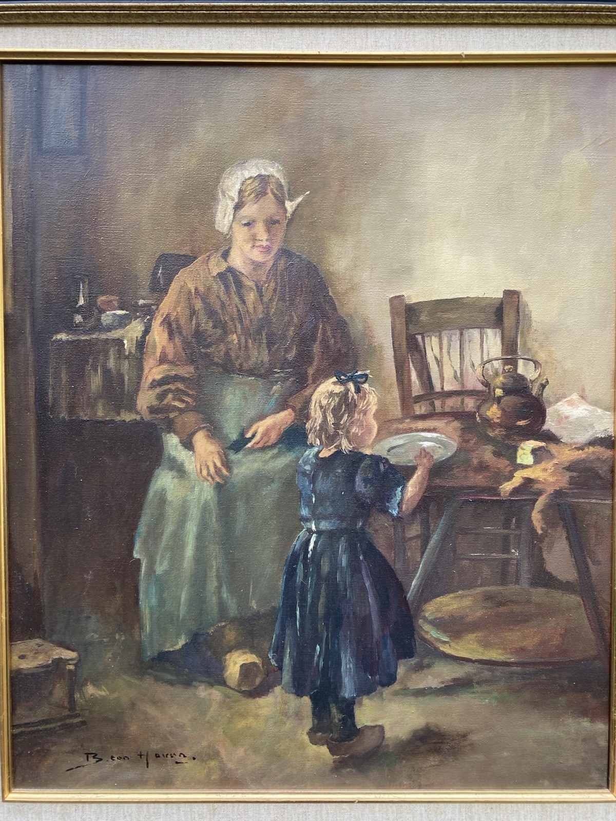 Vintage Dutch Interior Oil Painting Mother Child Genre Scene Signed Framed