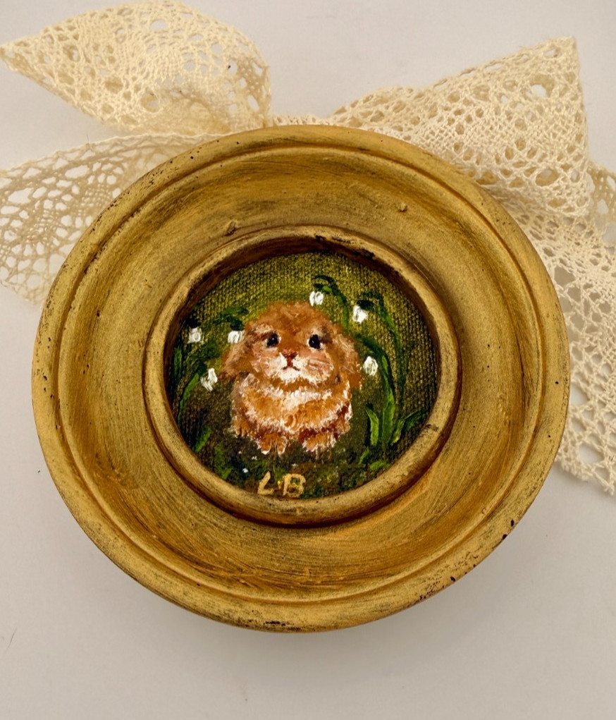 Vintage Poofy little rabbit Oil Painting: Small Round Frame, Country Wall Art
