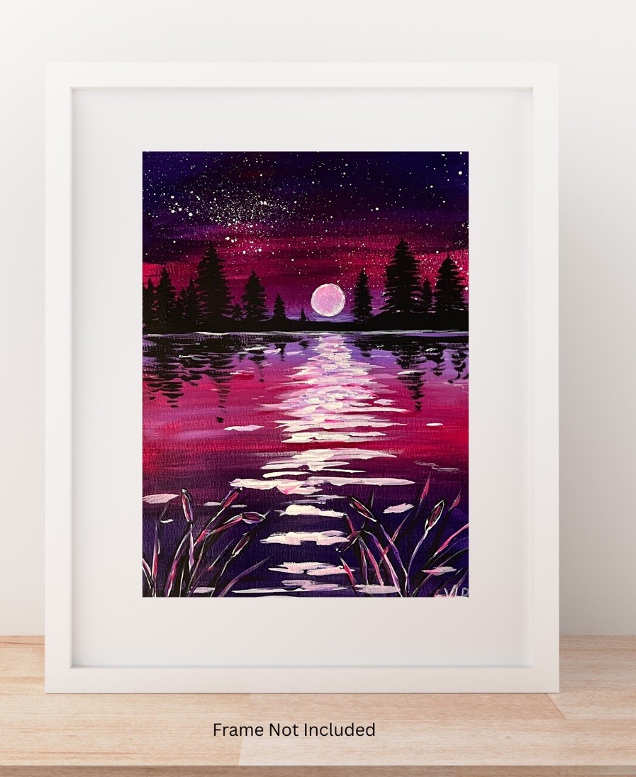 Magenta Night Moon Glow Lake VLP Original Acrylic 9×12 Heavy Paper Signed COA