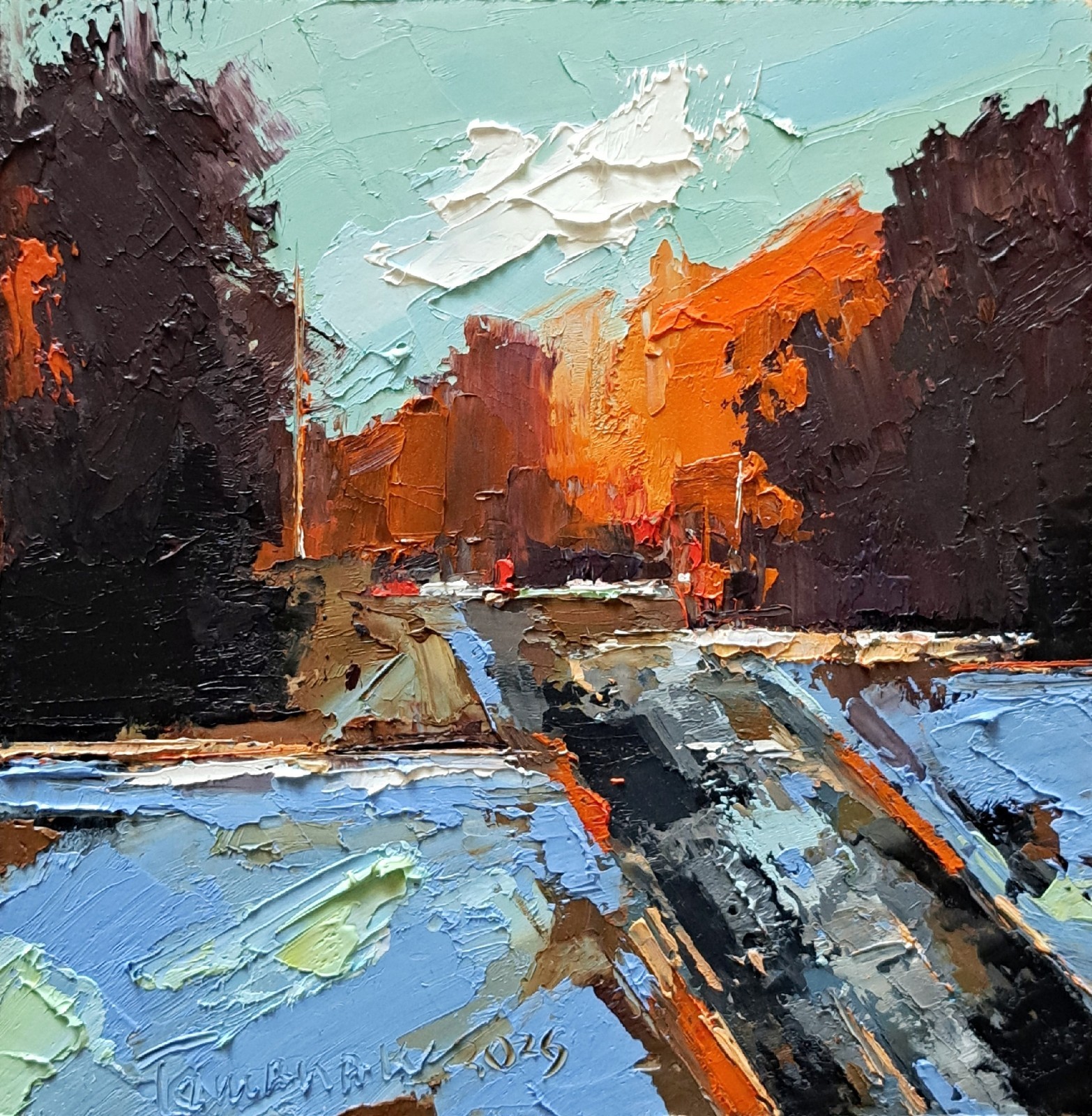 Original Oil Painting Winter Landscape, Signed, Winter Evening, Sunset Road Art