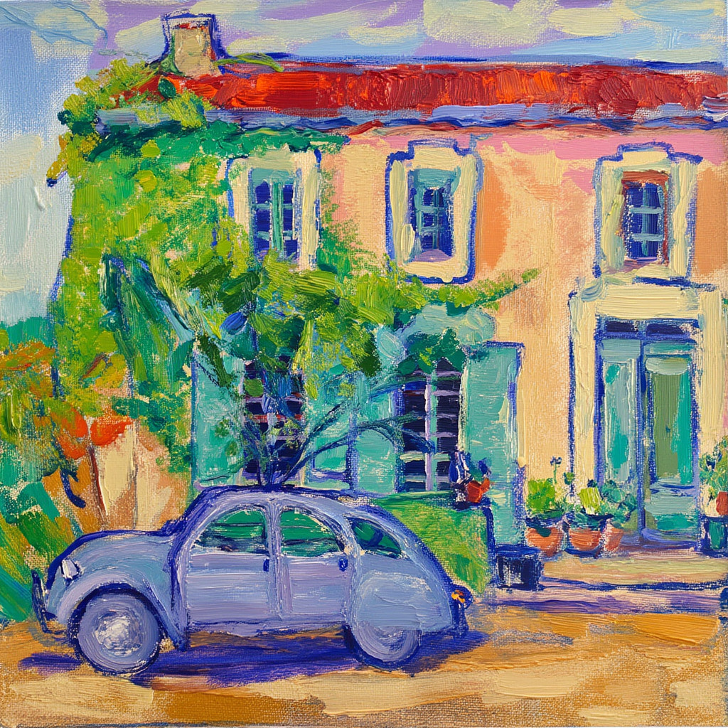 Original Impasto Painting Provence Landscape Vintage Car Acrylic Art 12×12