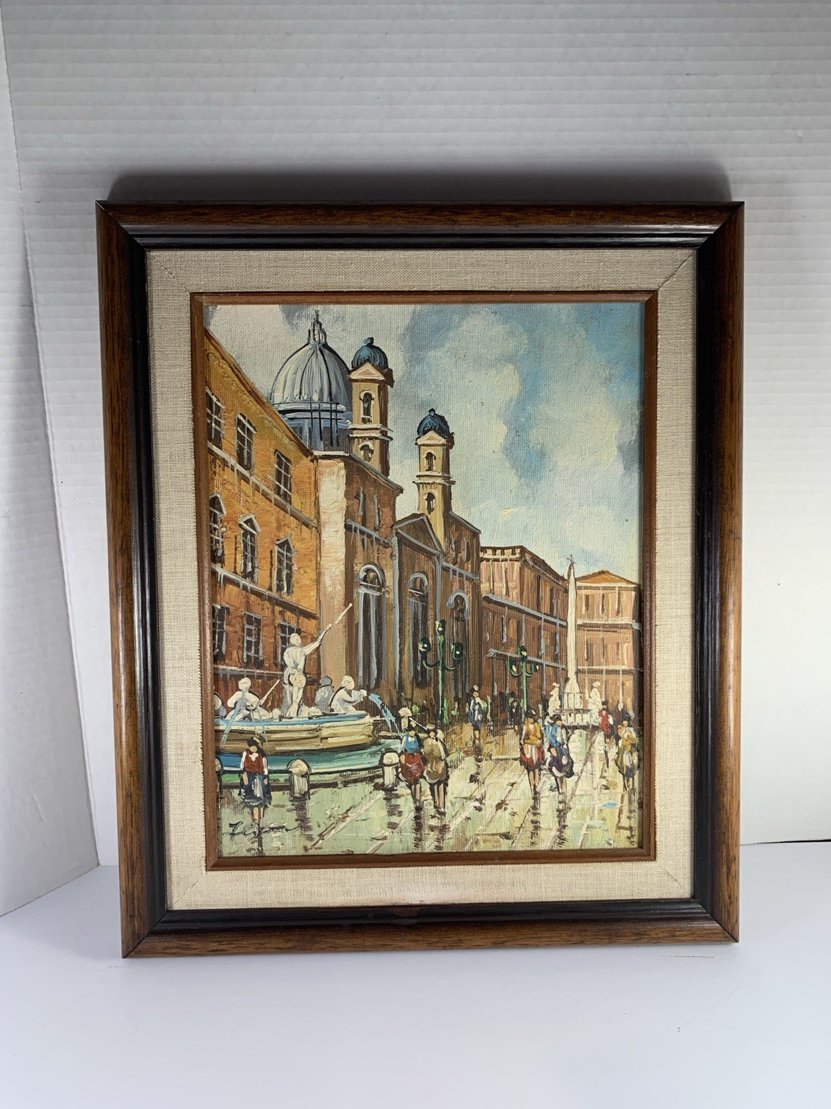 Vtg Mid Century Italy Oil Painting Orig Frame Piazza Navona Rome Signed 16”x13”
