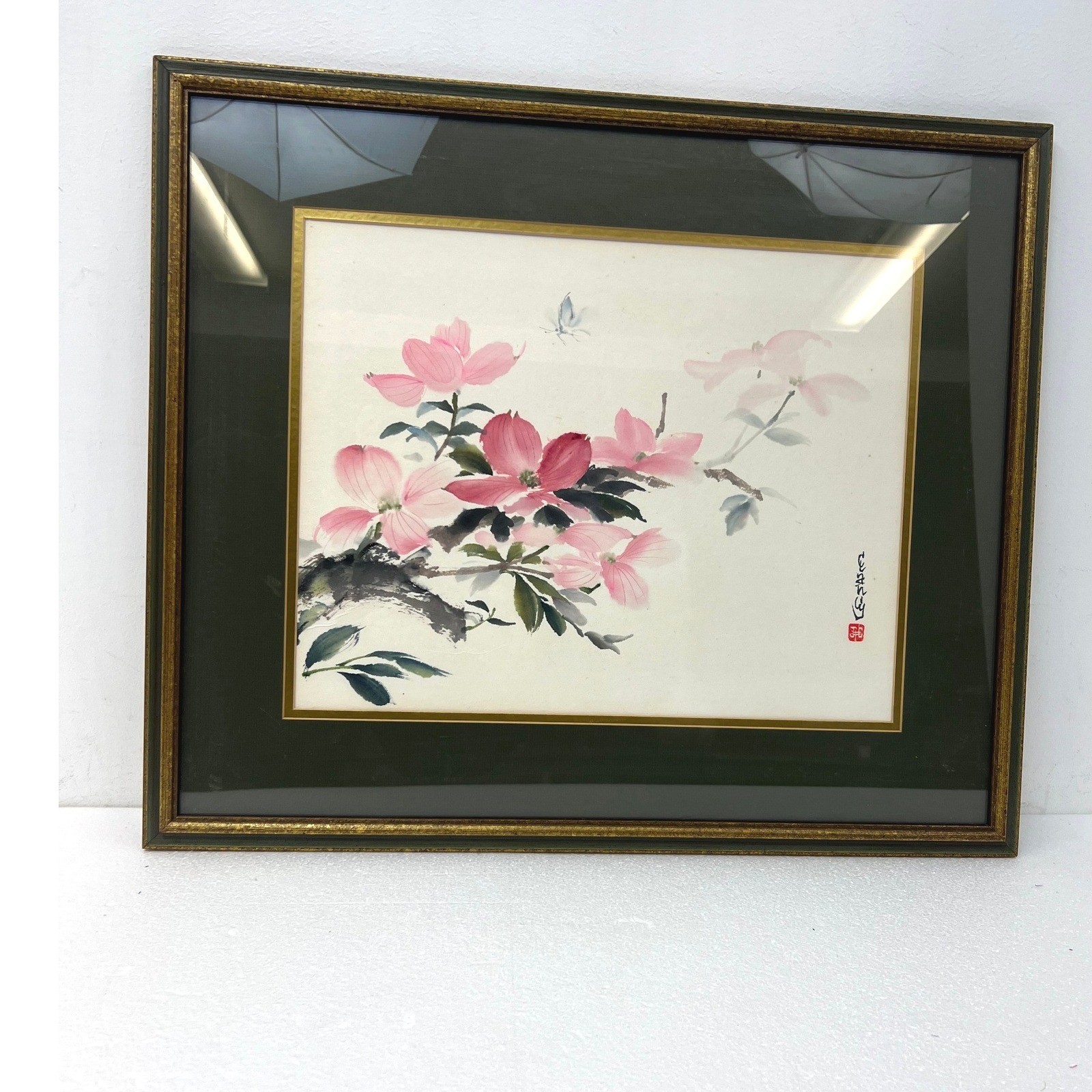 Asian Pink Dogwood Flower Watercolor Painting Framed Signed Butterfly Chinese
