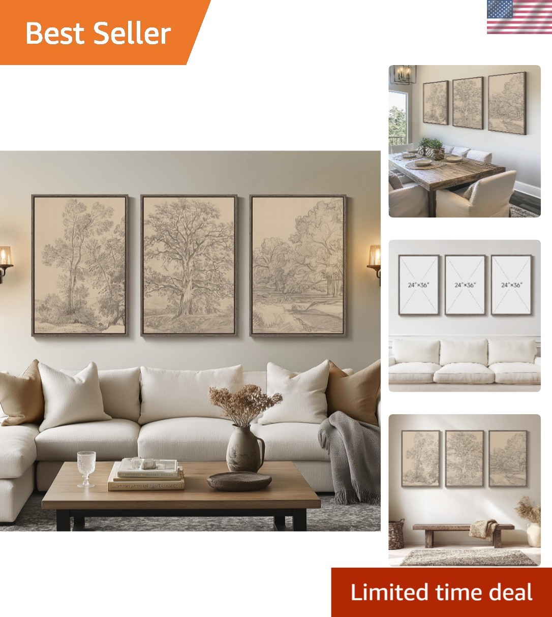 Elegant 3-Piece Framed Landscape Art Set – Big Tree Botanical Prints, 24×36 Inch