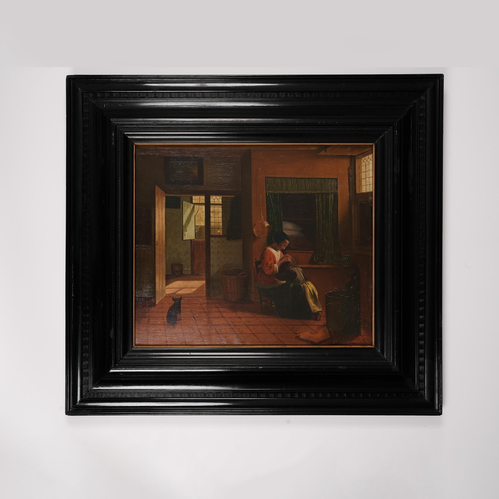 1800s Original Oil Painting by Pieter de Hooch in Original Black Frame