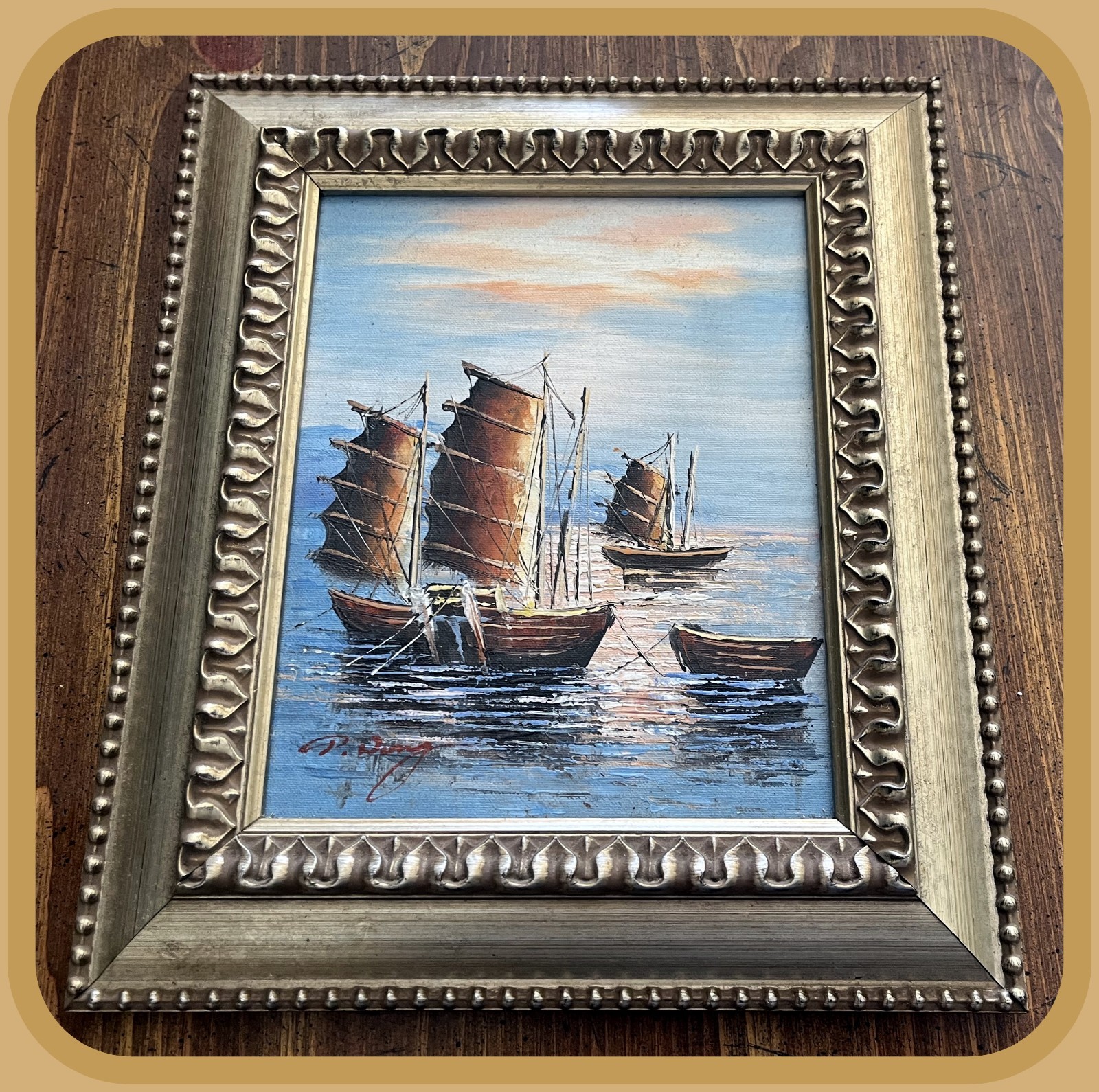 Framed 8″x10″ Signed Sailing Ships Oil On Canvas Actual Size 12 3/16 x 14 3/16