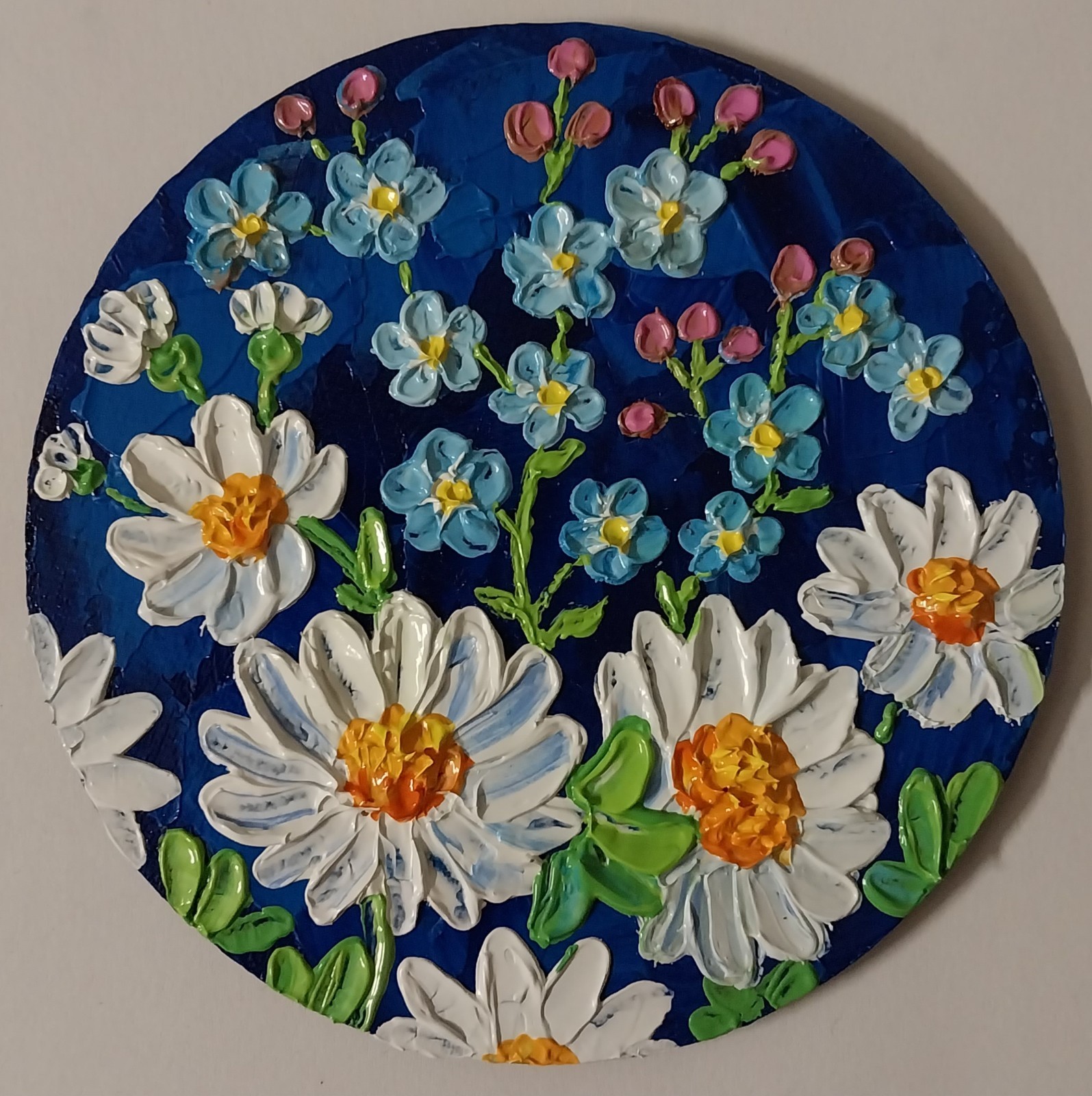 Daisies Forget-Me-Nots Round Mini Canvas Art 4×4” Impasto Oil Painting Original