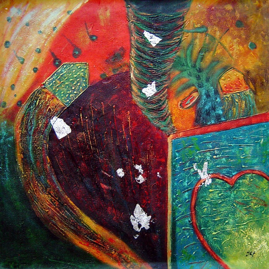 30×30 Red. Brown, Blue, Yellow and White Objects with Happy Music Oil Painting