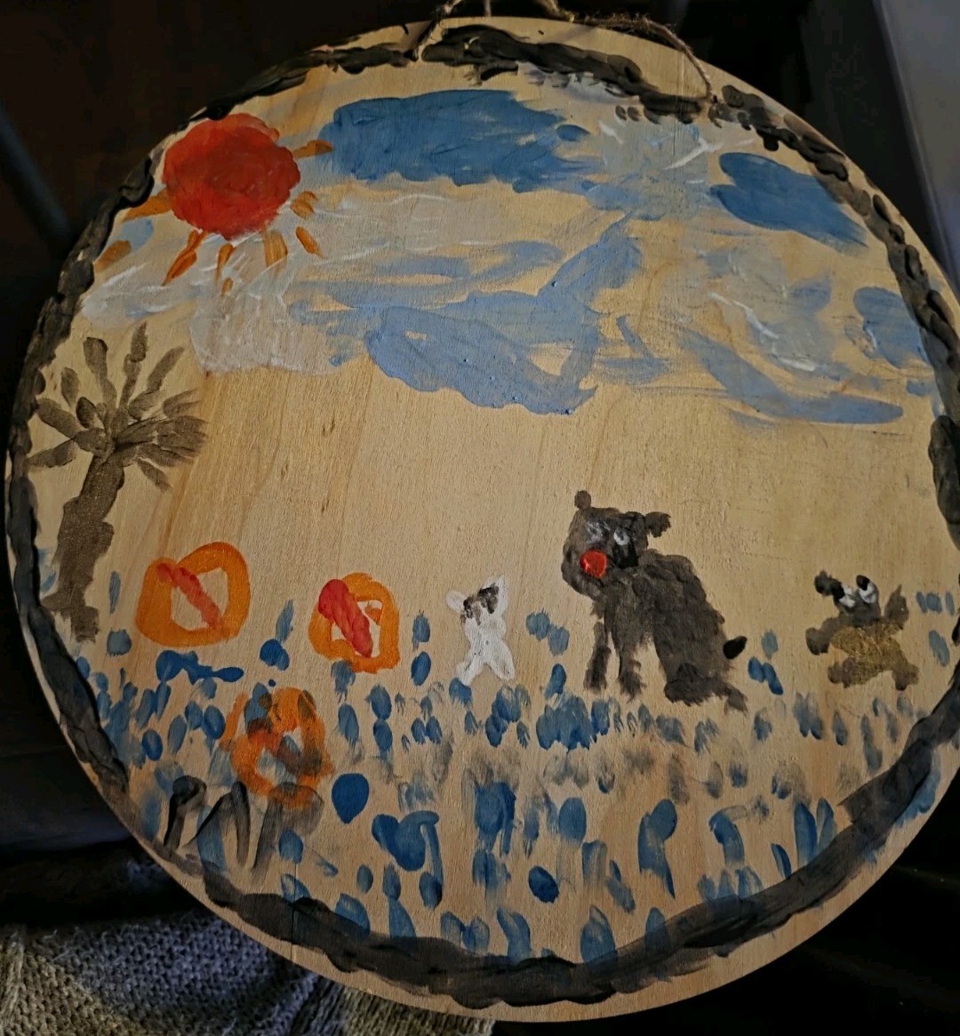 Original Water Color “WEEZY AT PLAY” 13″ ROund On Wood SIGNED