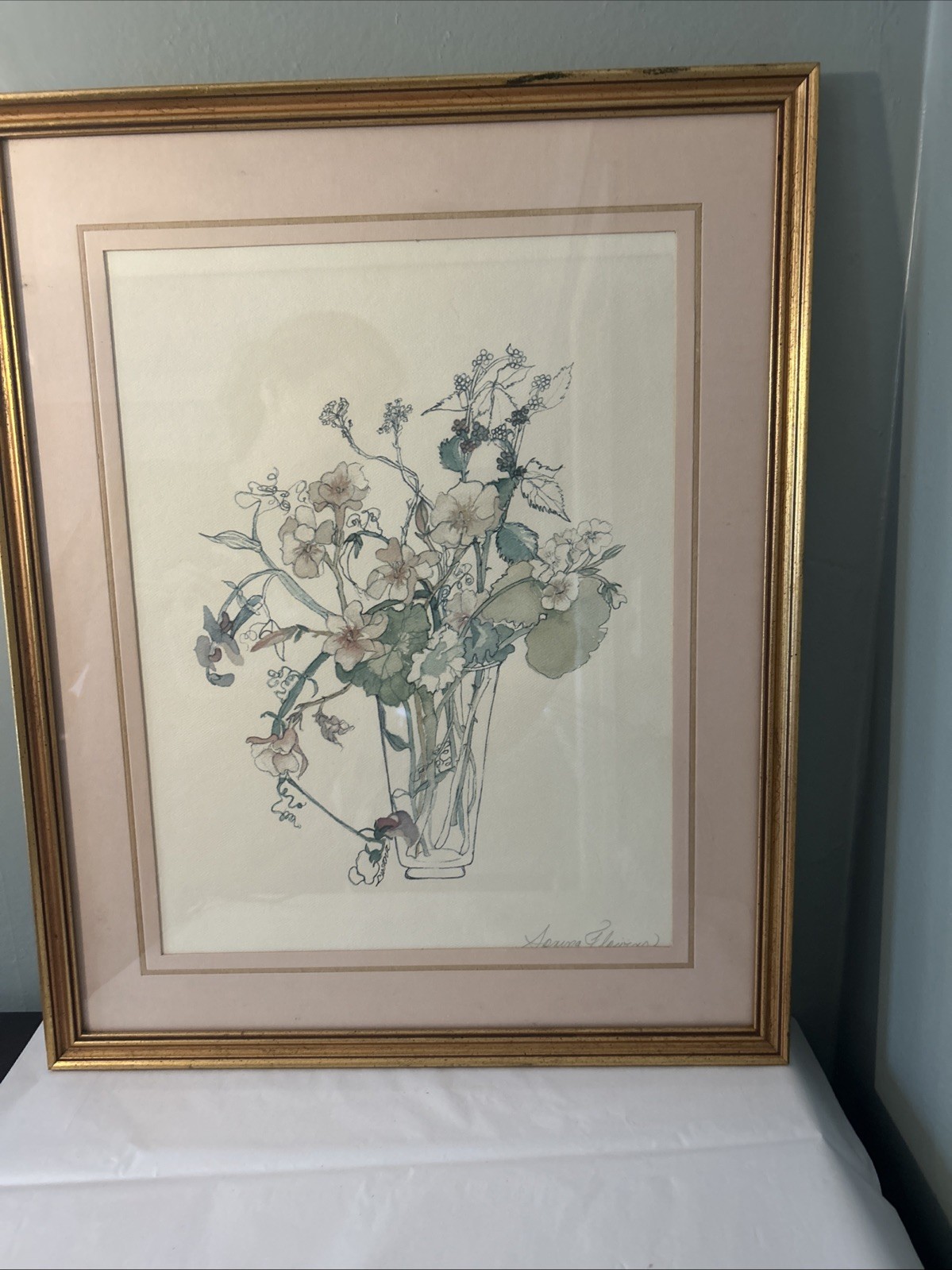 Original Watercolor By Lusana “Spring Flowers” 21″ x 17″ Framed/Matted Vintage
