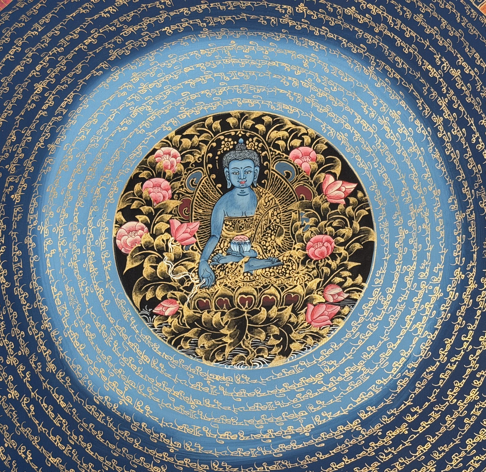 MEDICINE BUDDHA MANDALA ORIGINAL BLACK AND GOLD TIBETAN THANGKA PAINTING