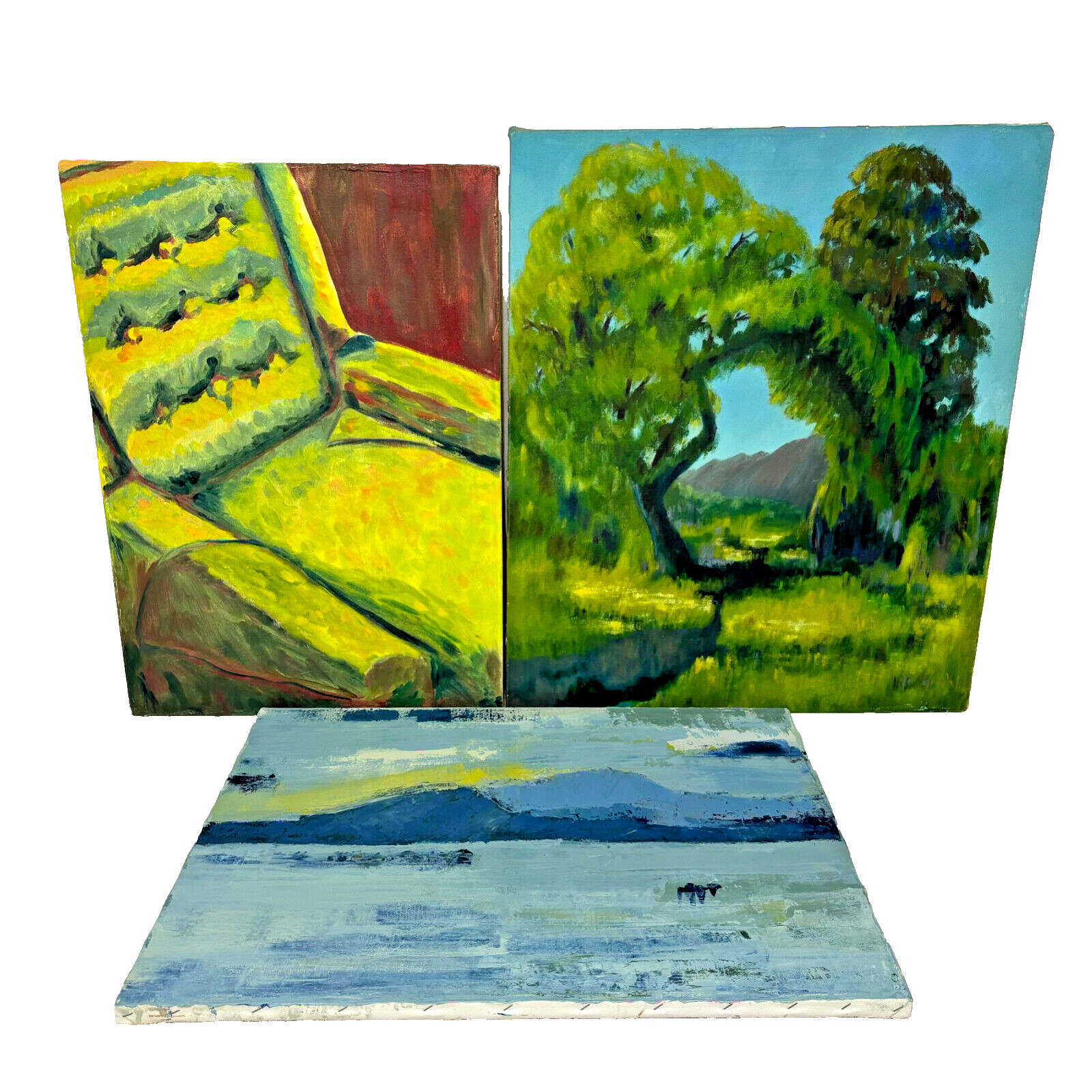Lot of 3 Original Paintings On Canvas Tree Still Life Sofa Mountain Landscape