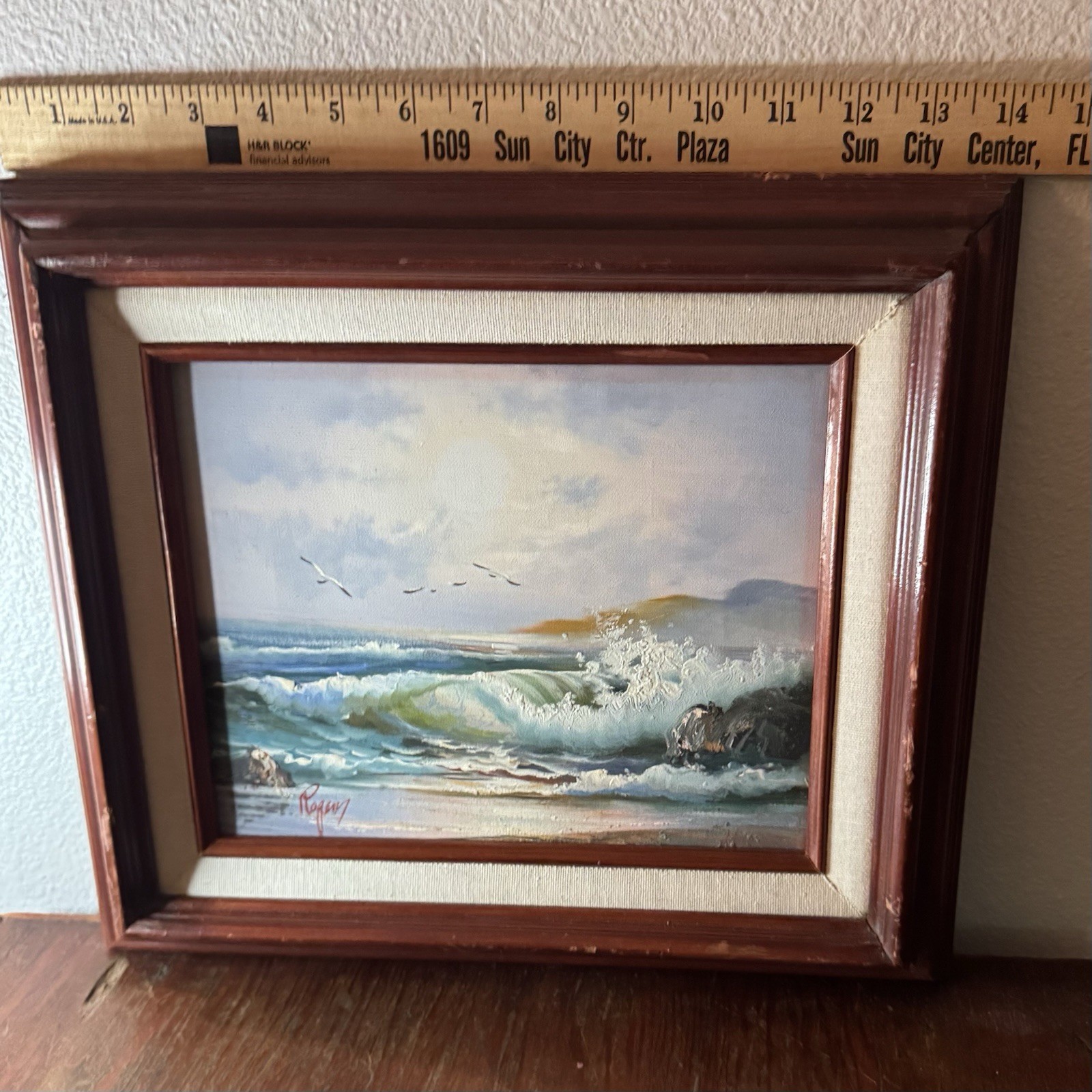 Original Oil Painting Seashore Birds Beach Wood Frame Signed 7.5”x9.5” 12.5”x14”