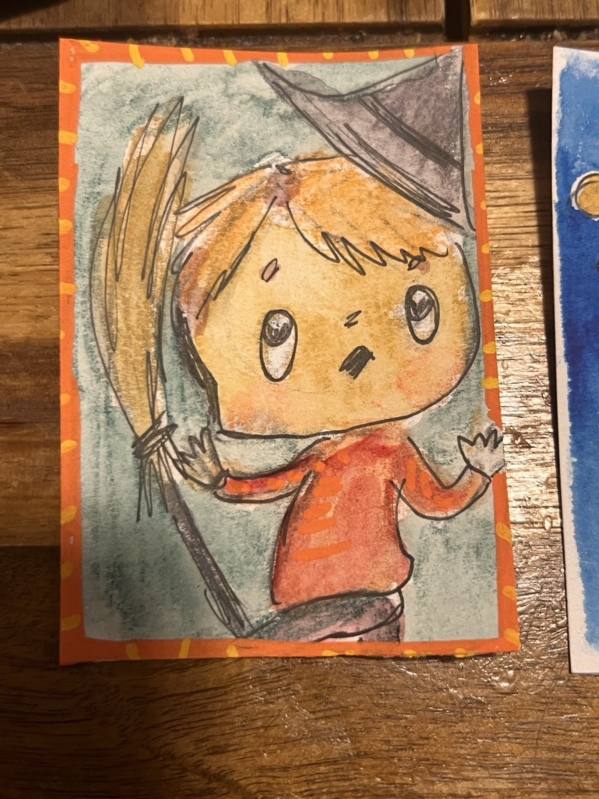 Aceo Original Watercolor Falling Off Broom Witch Warlock Halloween Painting