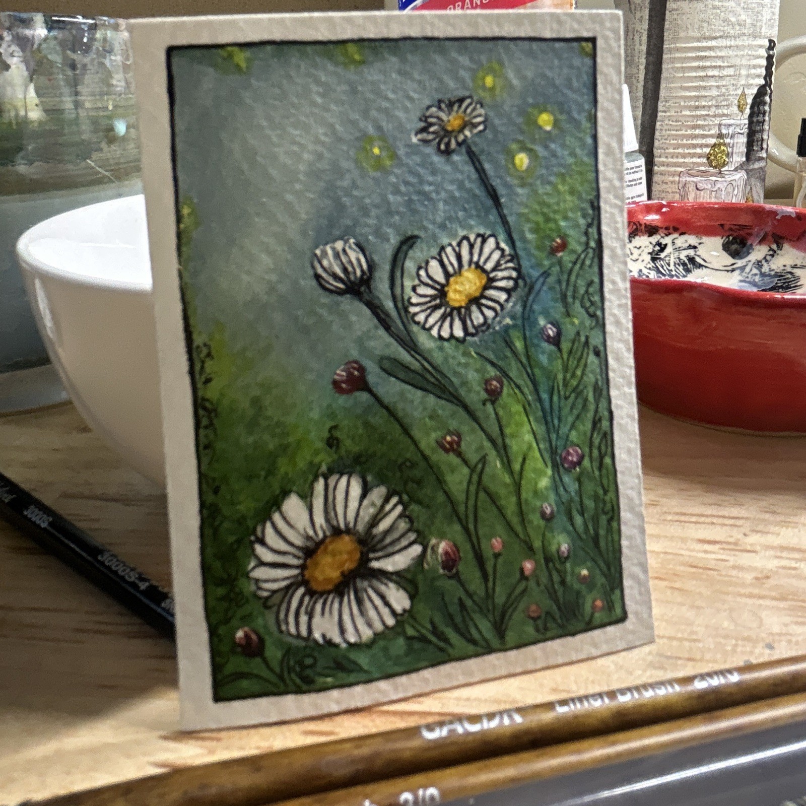 ACEO Flowers Daisies Watercolor Ink Drawing Painting unframed
