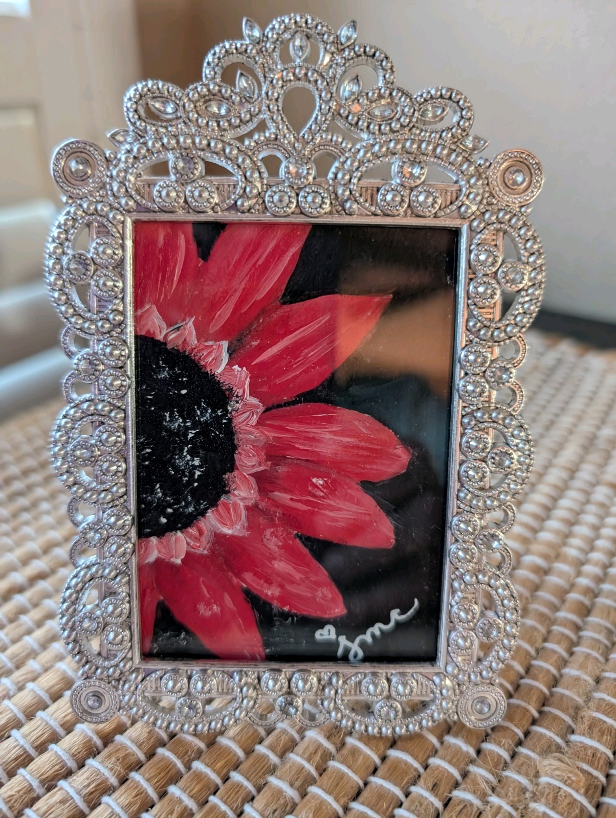 ACEO Acrylic Painting” Flower ,Floral” Original, Signed,Vtg Frame
