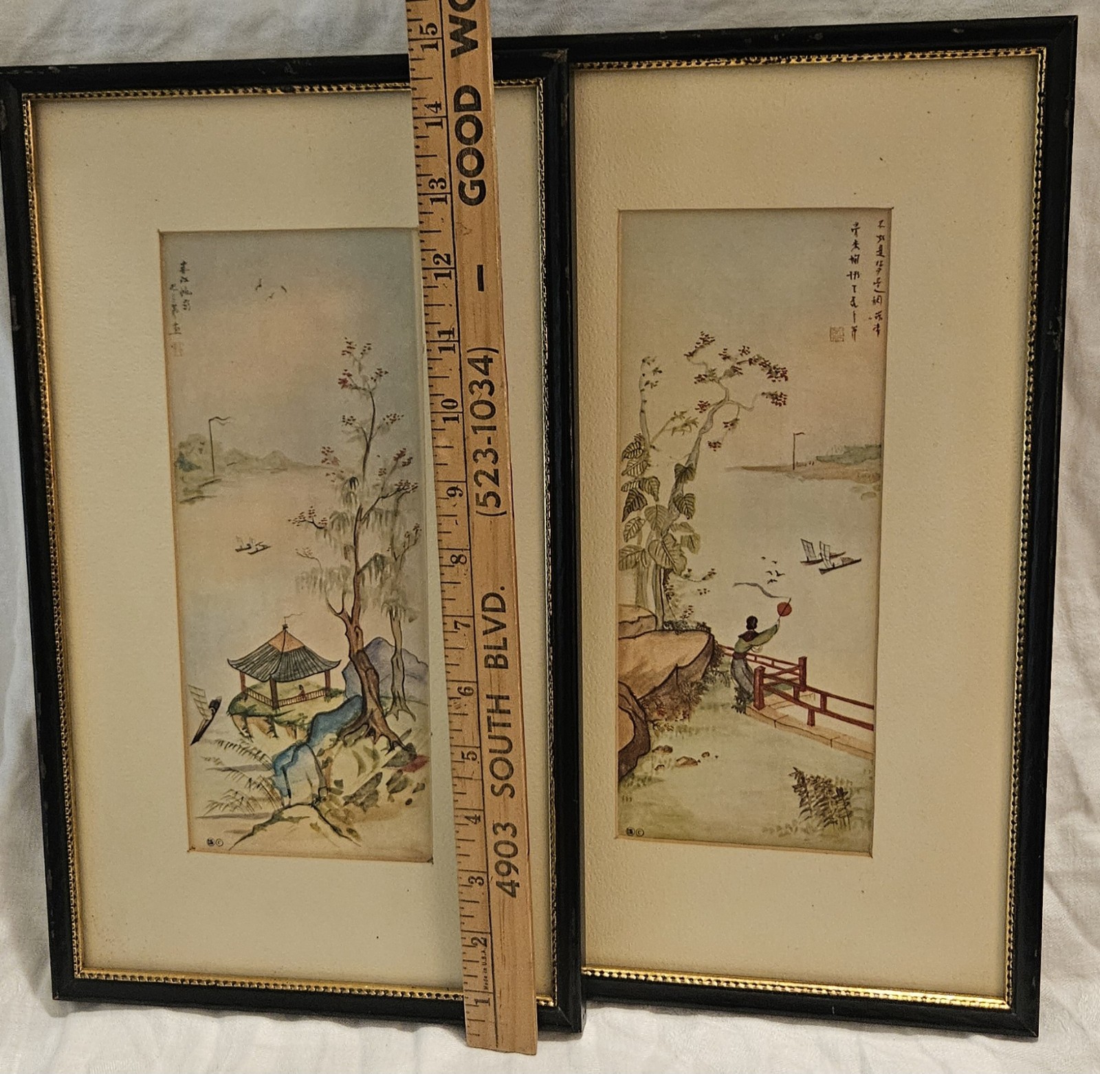 Set of 2 Vintage Signed Asian Watercolor Outdoor Water Scenes 9×15 Matted Framed
