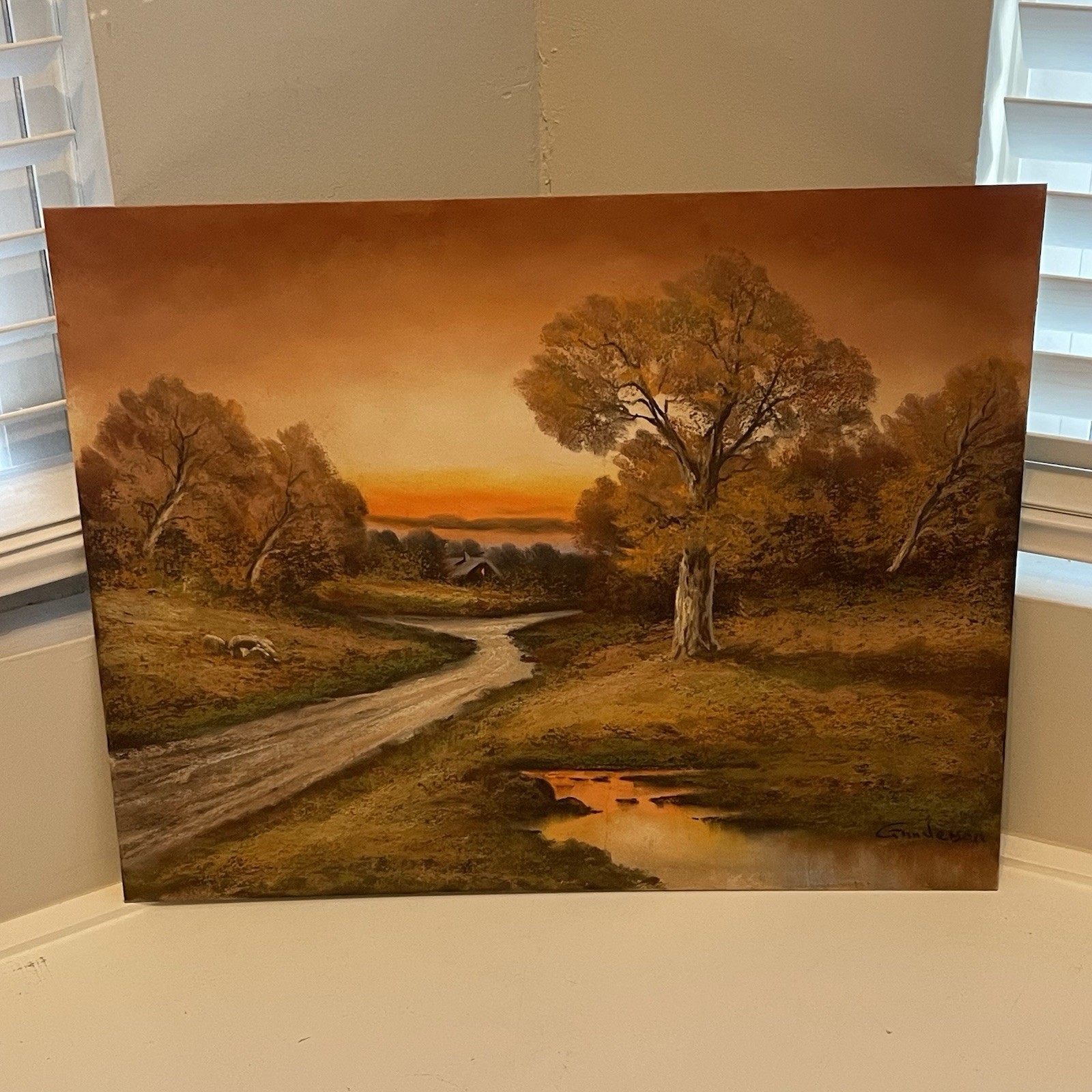 Andrew Gunderson (1888-1964) Landscape Chalk Pastels Painting Sunset House 20×16