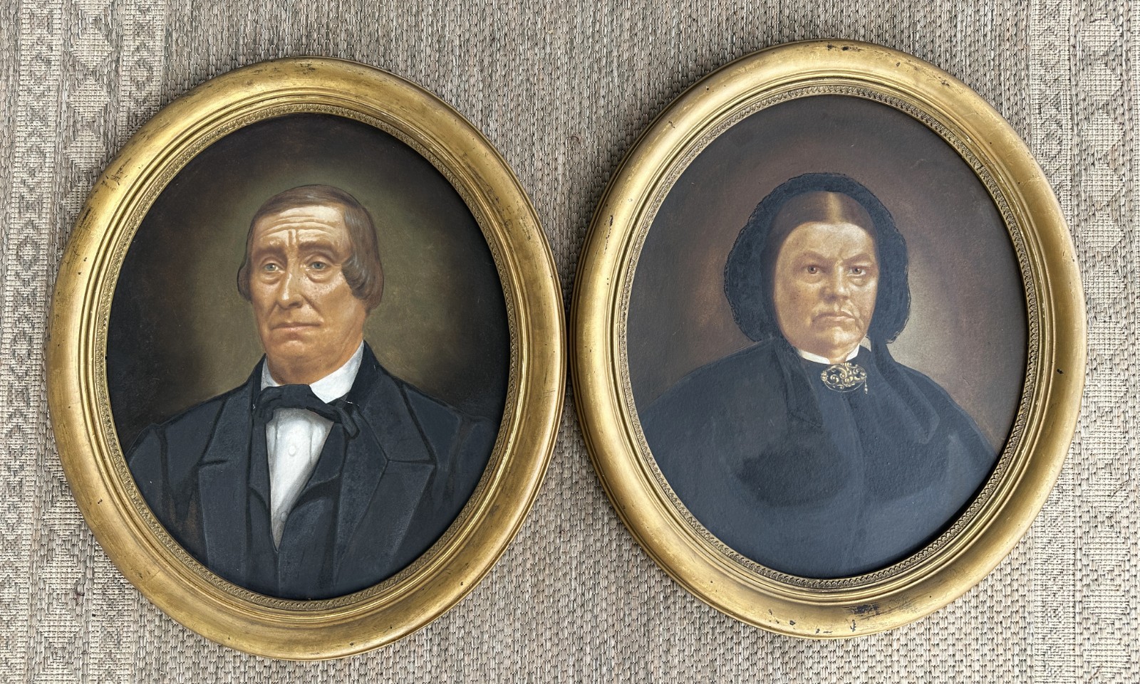 Antique Early 19thC American Folk Art Portrait Oil Paintings Stoic Quaker Couple