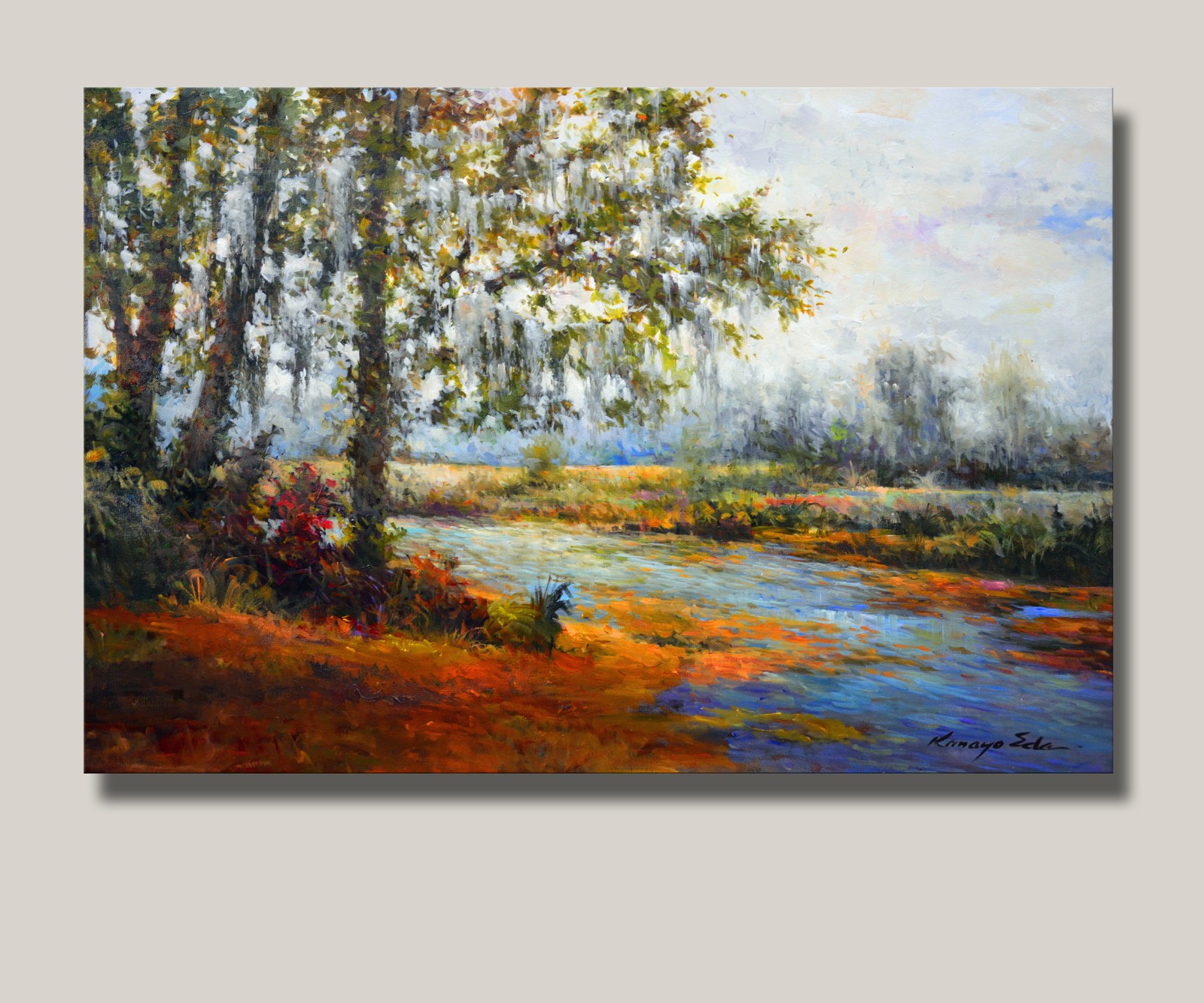 Acrylic on canvas landscape art, a river, trees and spanish moss. Original art