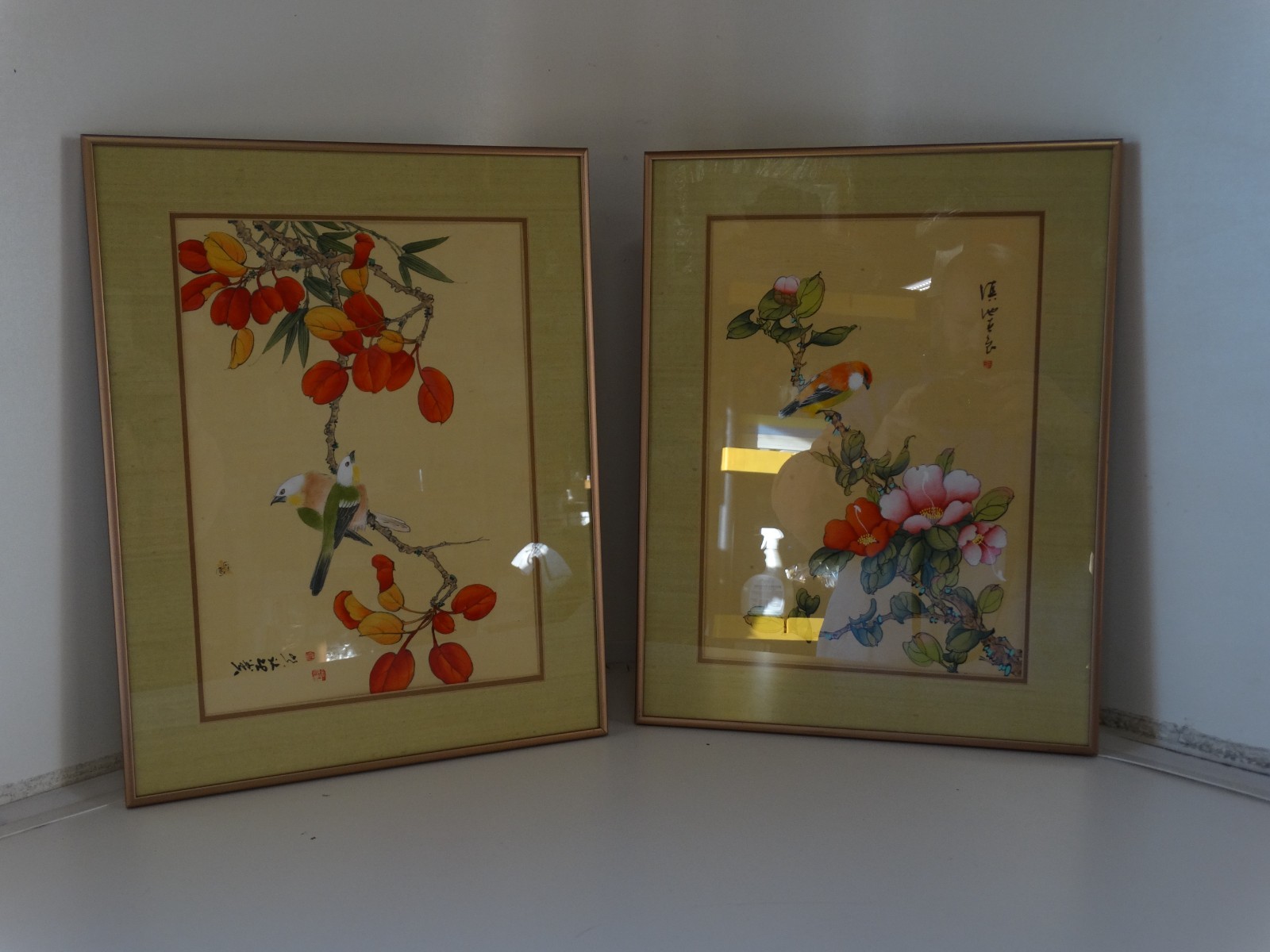 2 – Vintage Chinese Silk birds on limbs Colorful Flowers Framed Matted 14×18