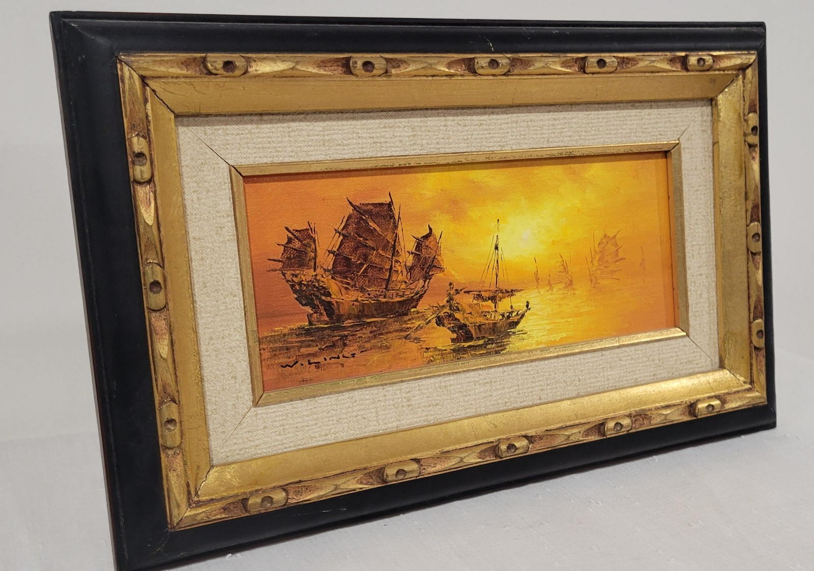 Vtg Oil Painting “Asian Junk Ship Sailing” On Board Framed Signed W.Ling
