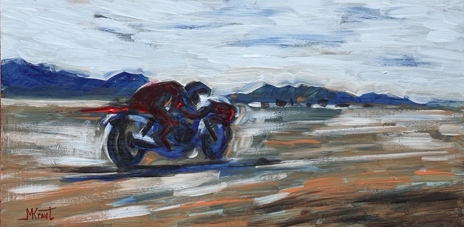 Bonneville Salt Flats Speed Week Cafe Bike Moto Racer Original Painting Framed
