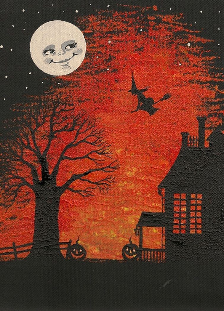 ACEO PRINT OF PAINTING HALLOWEEN FOLK ART WITCH MAGIC MOON RYTA Salem House 🌒