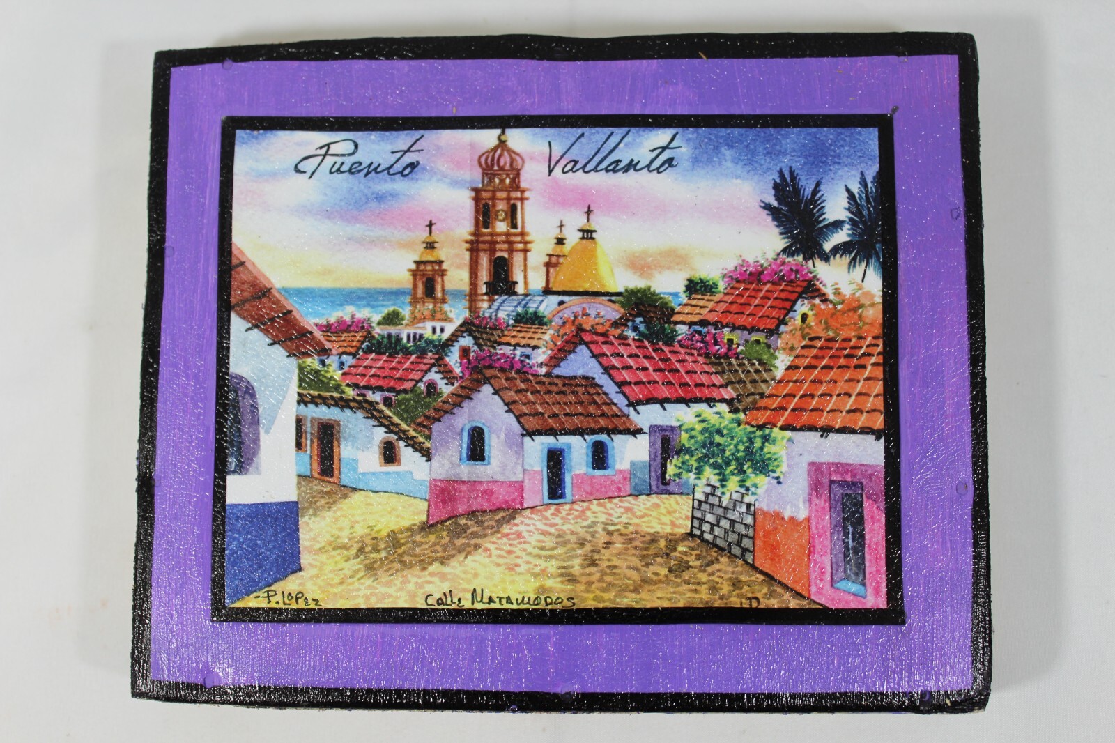 Vintage Acrylic Painting Puerto Vallarta Cityscape Art Signed Original P. Lopez