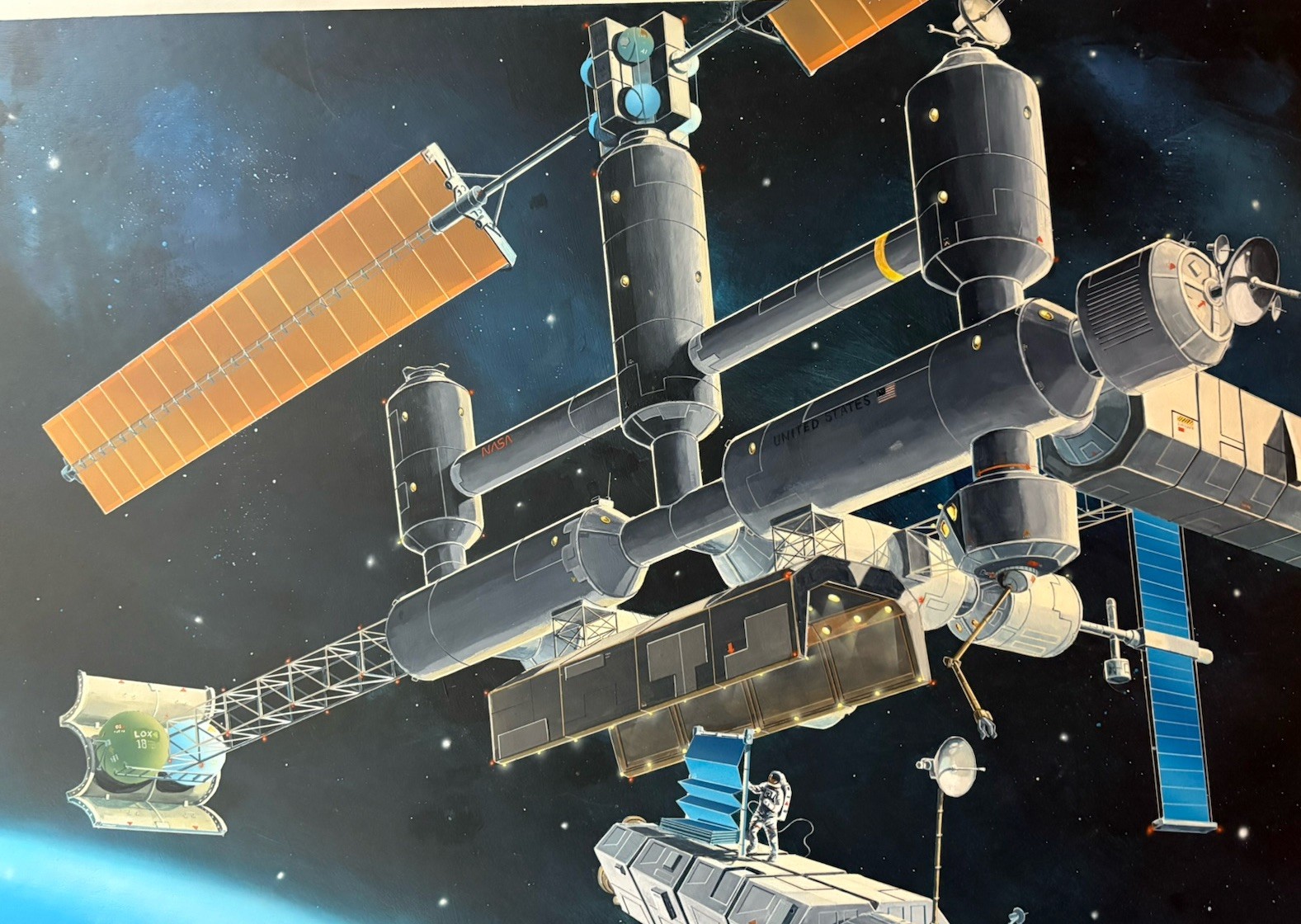 Large 30”x40” Space Station Painting Vintage Technology Aerospace Graphic Artist