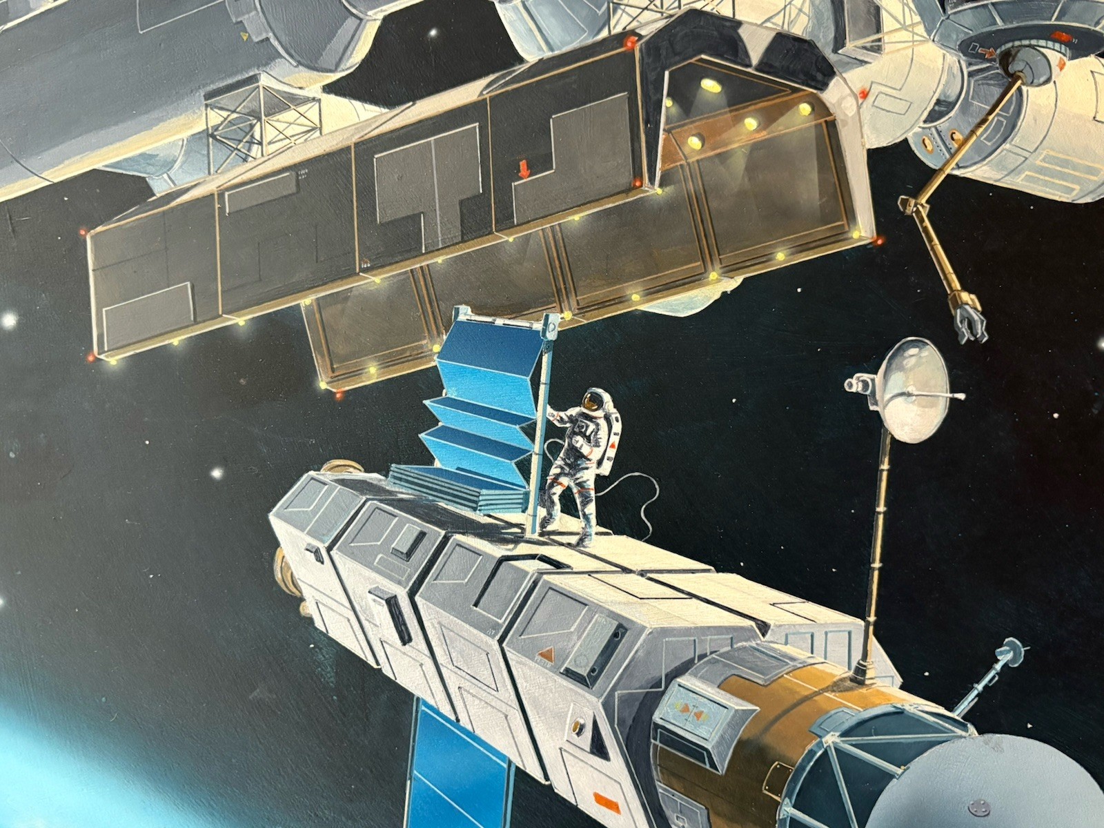 Large 30”x40” Space Station Painting Vintage Technology Aerospace Graphic Artist