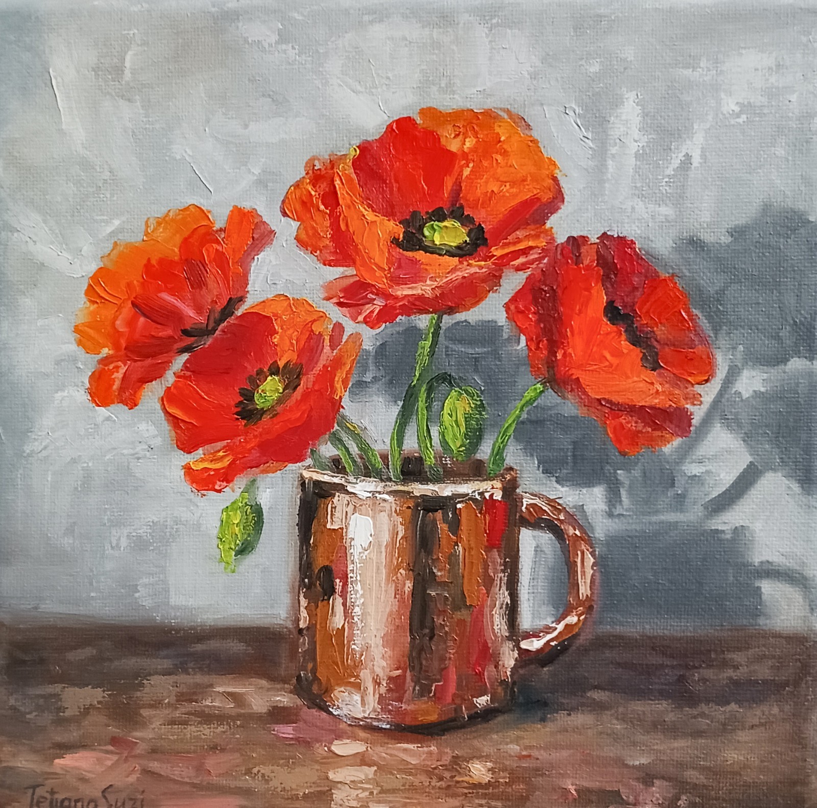 Poppy Flowers ORIGINAL Oil Painting Flowers in Vintage Mug Fine Art 8″x8″